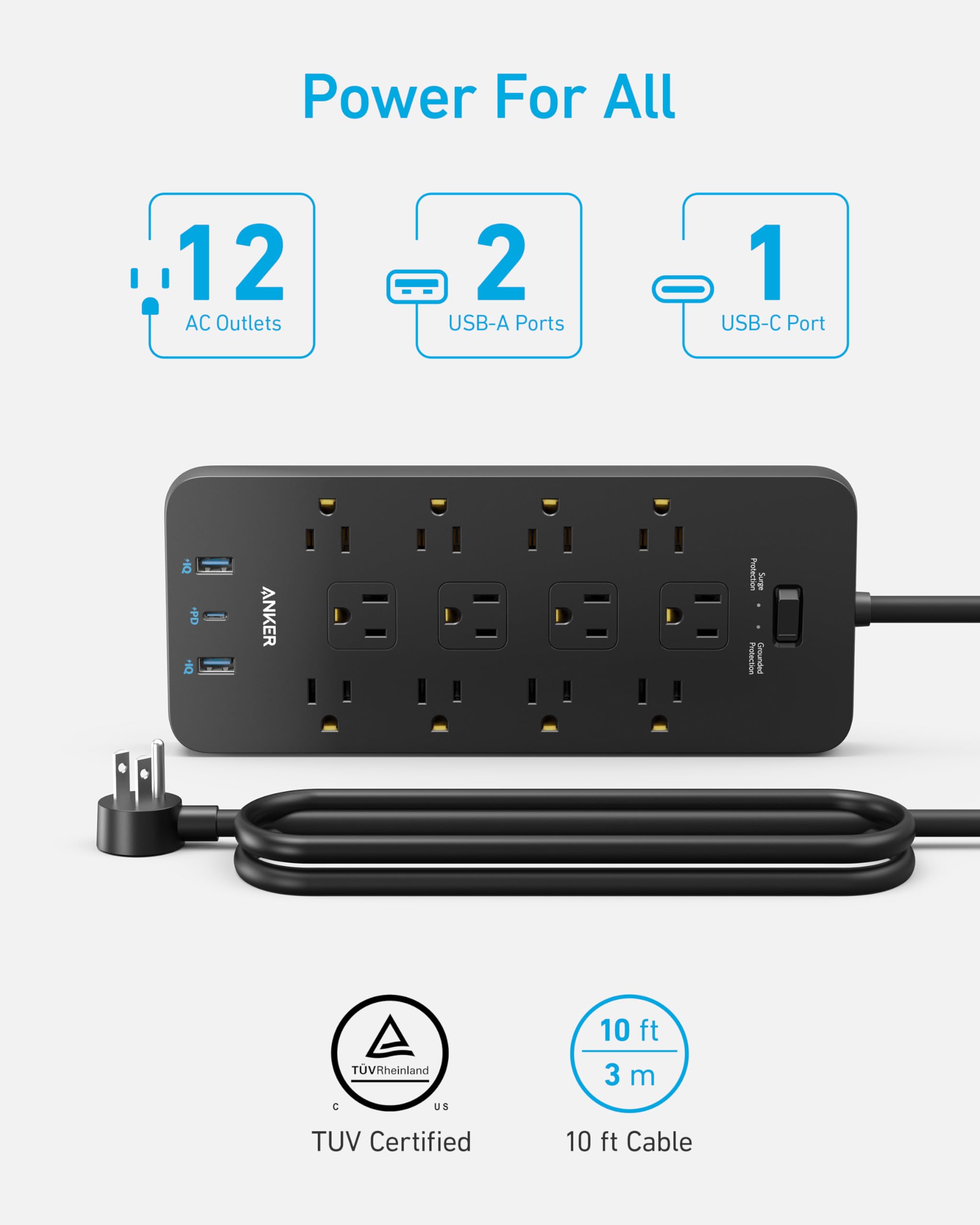 Anker Power Strip with 2100J Surge Protector, Outlet Extender, 20W, 12 AC