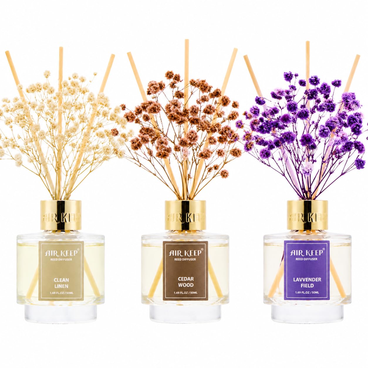Airkeep Reed Diffuser Set of 3,Clean Linen Ocean Mist&Sea Salt Lavender Eucalyptus Oil Reed Diffusers for Bedroom Living Room Office Aromatherapy Oil Reed Diffuser for Gift 50ml x 3