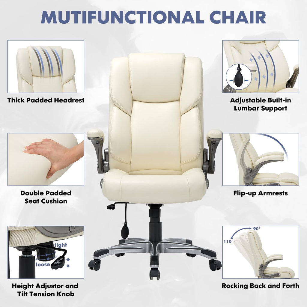 COLAMY High Back Executive Office Chair - Padded Leather Ergonomic Computer Desk Chair with Inflatable Lumbar Support & Flip-Up Arms, Adjustable Tilt Lock Swivel Task Chair for Home Office, Black