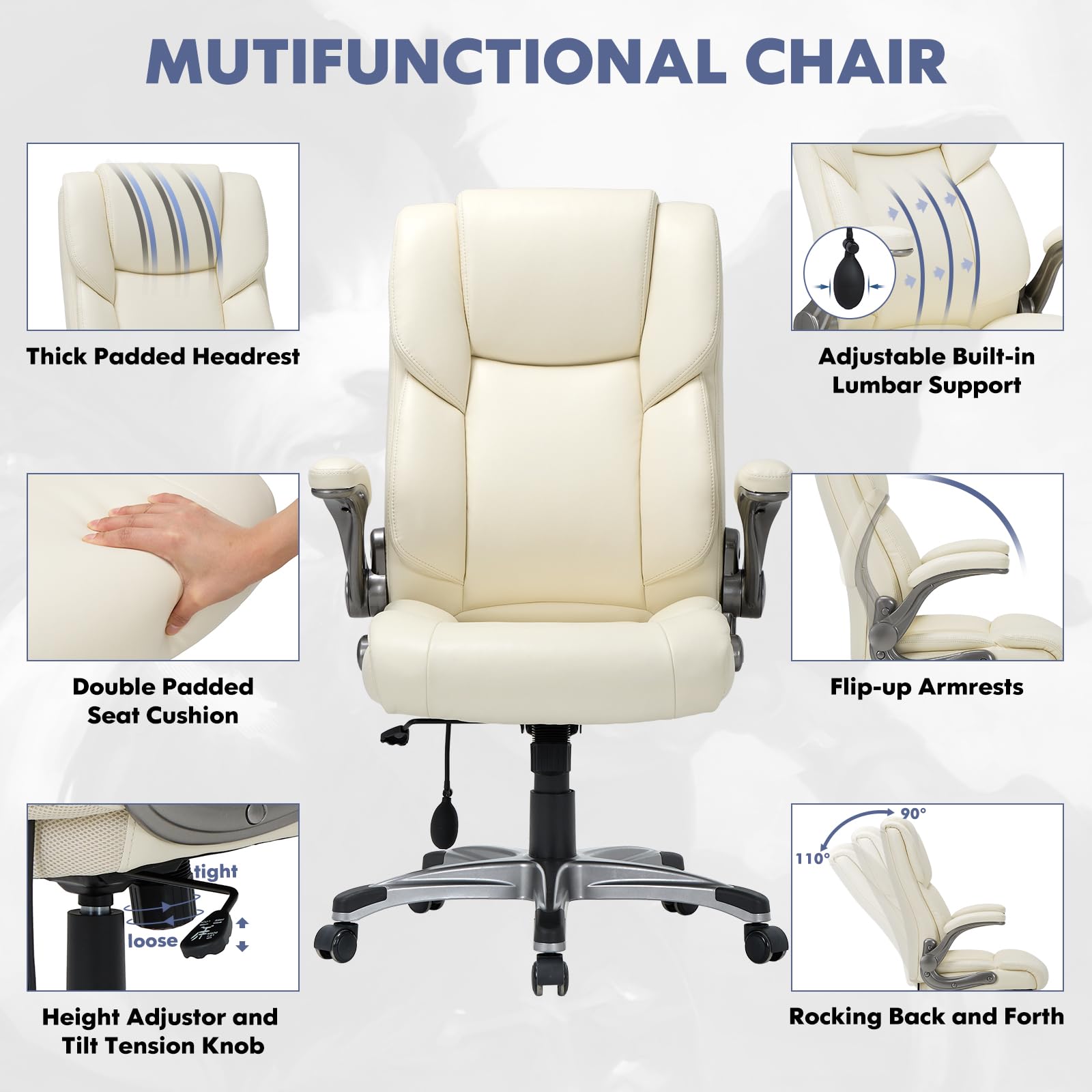 COLAMY High Back Executive Office Chair - Padded Leather Ergonomic Computer Desk Chair with Inflatable Lumbar Support & Flip-Up Arms, Adjustable Tilt Lock Swivel Task Chair for Home Office, Black