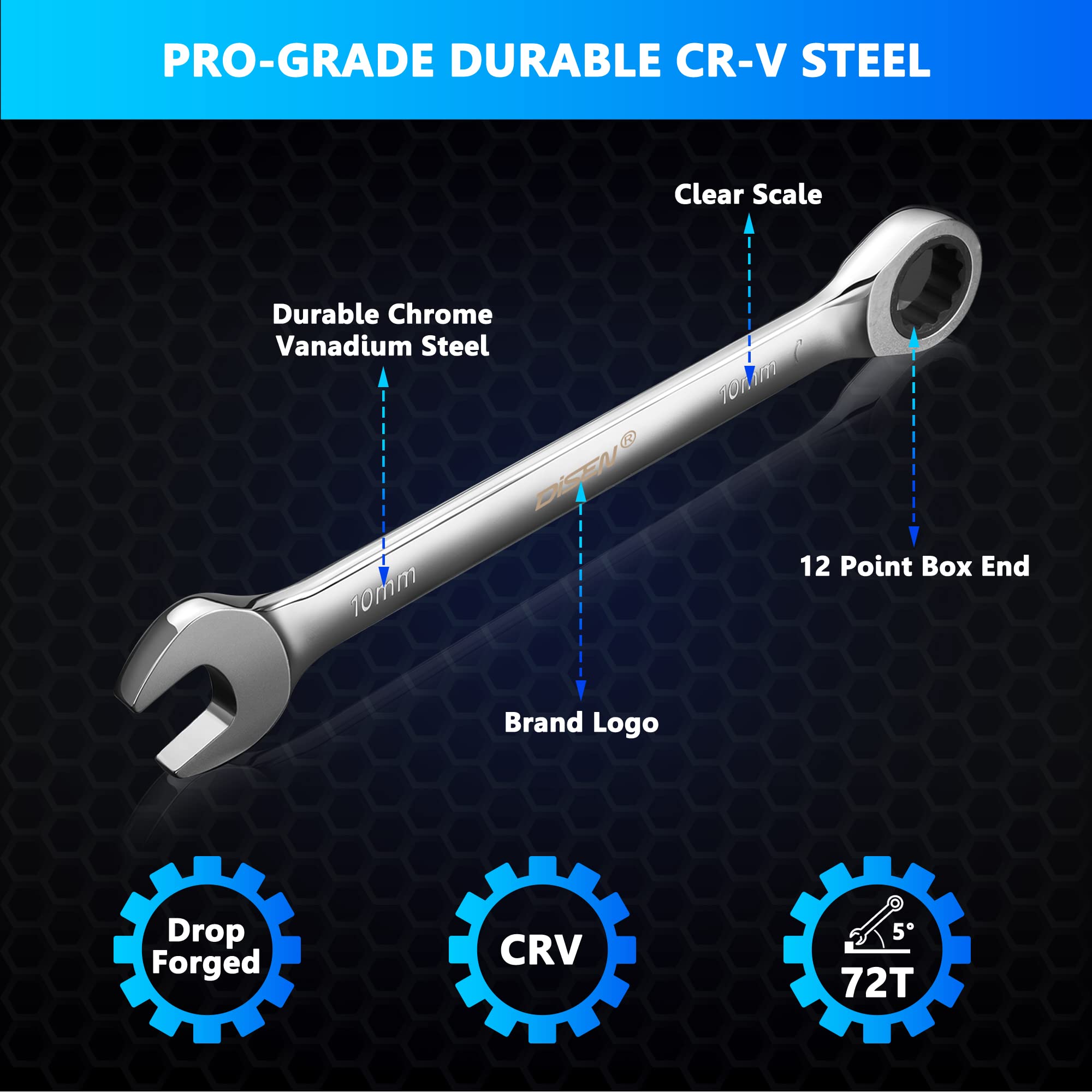 DISEN 10Pcs Ratcheting Wrench Set SAE & Metric Ratchet Wrench Set with Rack Organizer, Premium CR-v Steel, 12 Point, 72 Teeth,Box End and Open End Ratcheting Wrench Set,Metric 10-15mm&SAE 3/8''-5/8''