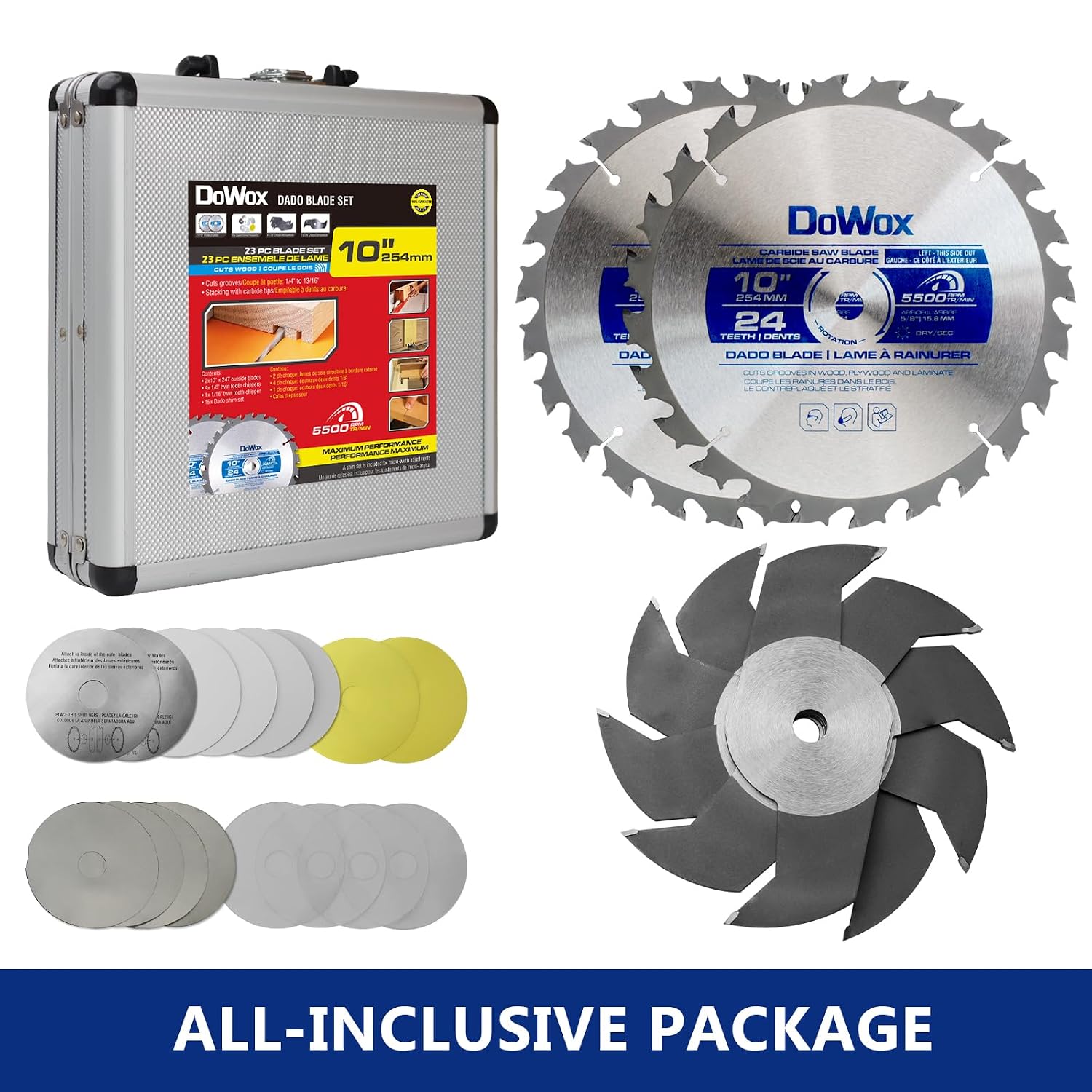 10" Carbide Stacked Dado Saw Blade Set, Pro Dado Set for Fine Finished Cuts, Grooves, Dados and Rabbets, 24 Tooth with 5/8" Bore, 23 Pieces