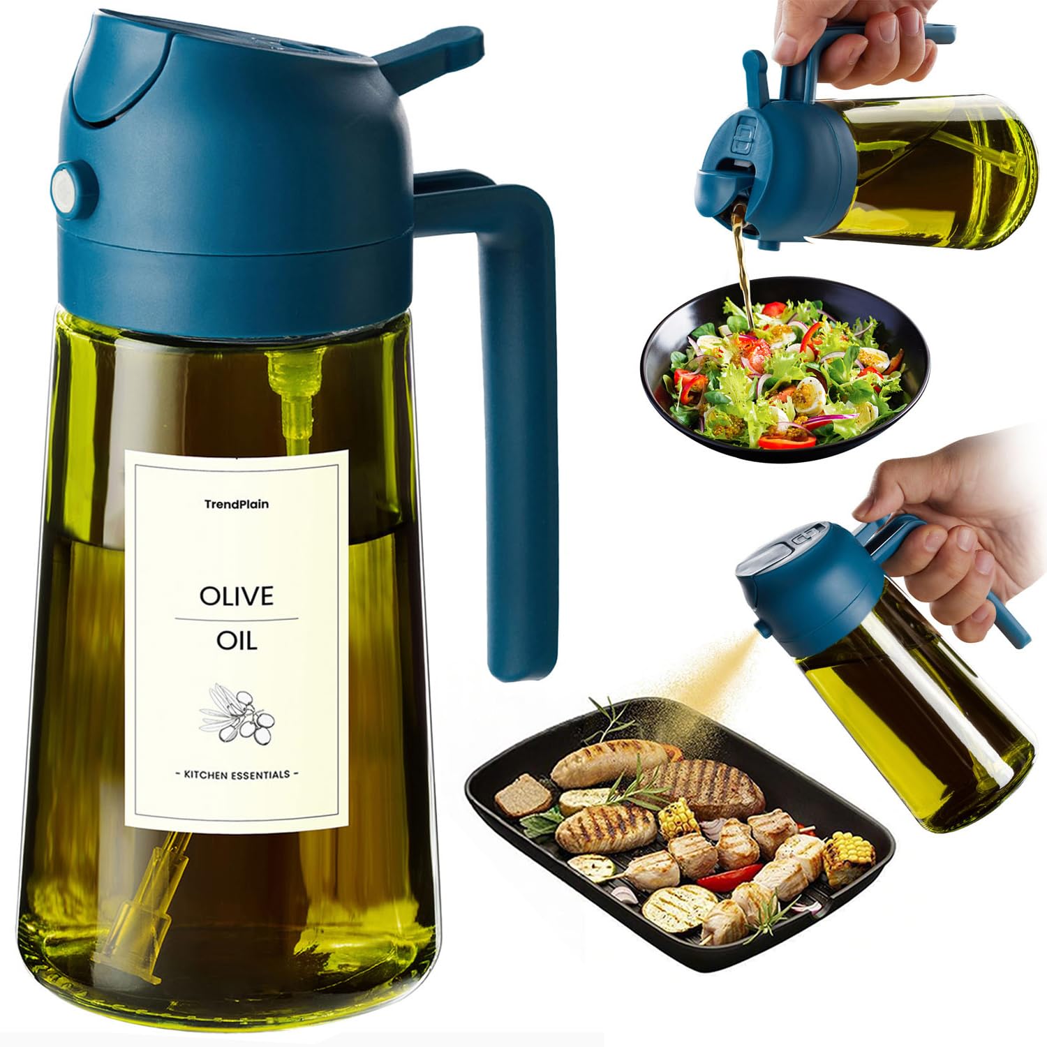 TrendPlain - Original 16oz/470ml Olive Oil Dispenser Bottle for Kitchen Gadgets and Air Fryer Accessories - Olive Oil Sprayer for Cooking w/Stickers - Black&Green