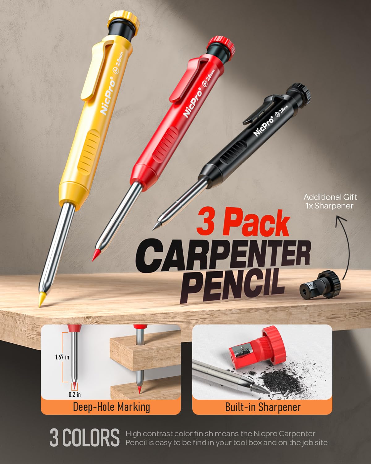 Nicpro Carpenter Pencils with Sharpener, Mechanical Pencil for Construction