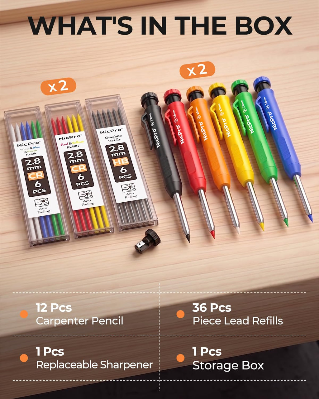 Nicpro Carpenter Pencils with Sharpener, Mechanical Pencil for Construction