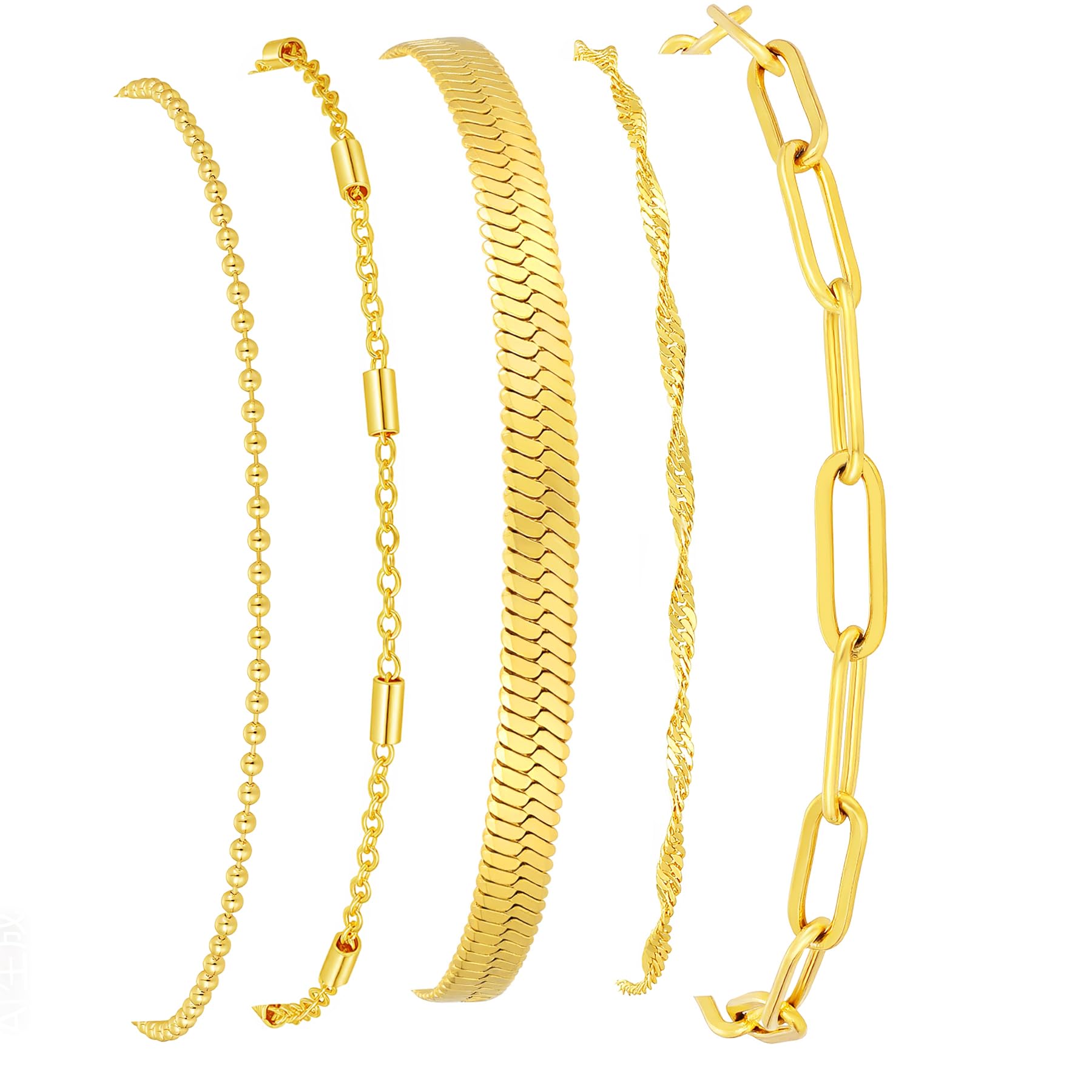 Gold Bracelets for Women, 14K Gold Plated Stackable Bracelet Stack Set Adjustable Charm Paperclip Chain Snake Link Layered Waterproof Jewelry Sets Gifts