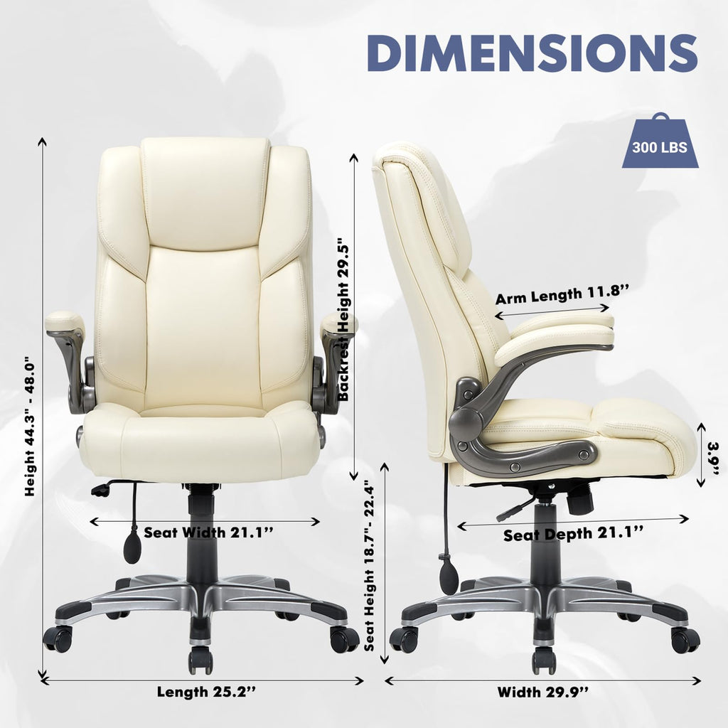 COLAMY High Back Executive Office Chair - Padded Leather Ergonomic Computer Desk Chair with Inflatable Lumbar Support & Flip-Up Arms, Adjustable Tilt Lock Swivel Task Chair for Home Office, Black