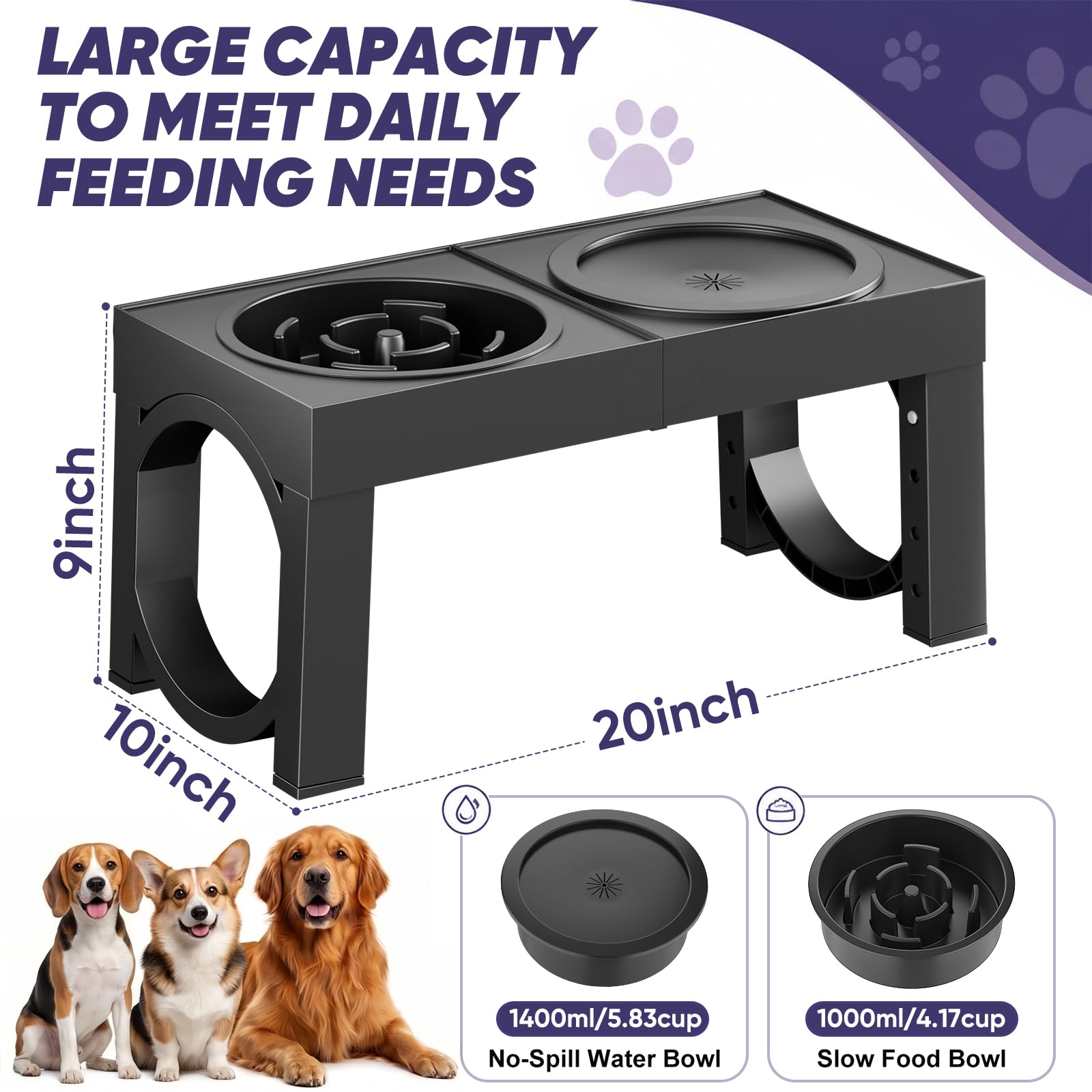 XIAZ Elevated Dog Bowls Large Breed Raised Dogs Bowl Stand Large/Medium Sized Dog Stainless Steel Food Water Bowl Stands 5 Heights Adjustable 9/11/12/14in Black Pet Feeder Dish Station