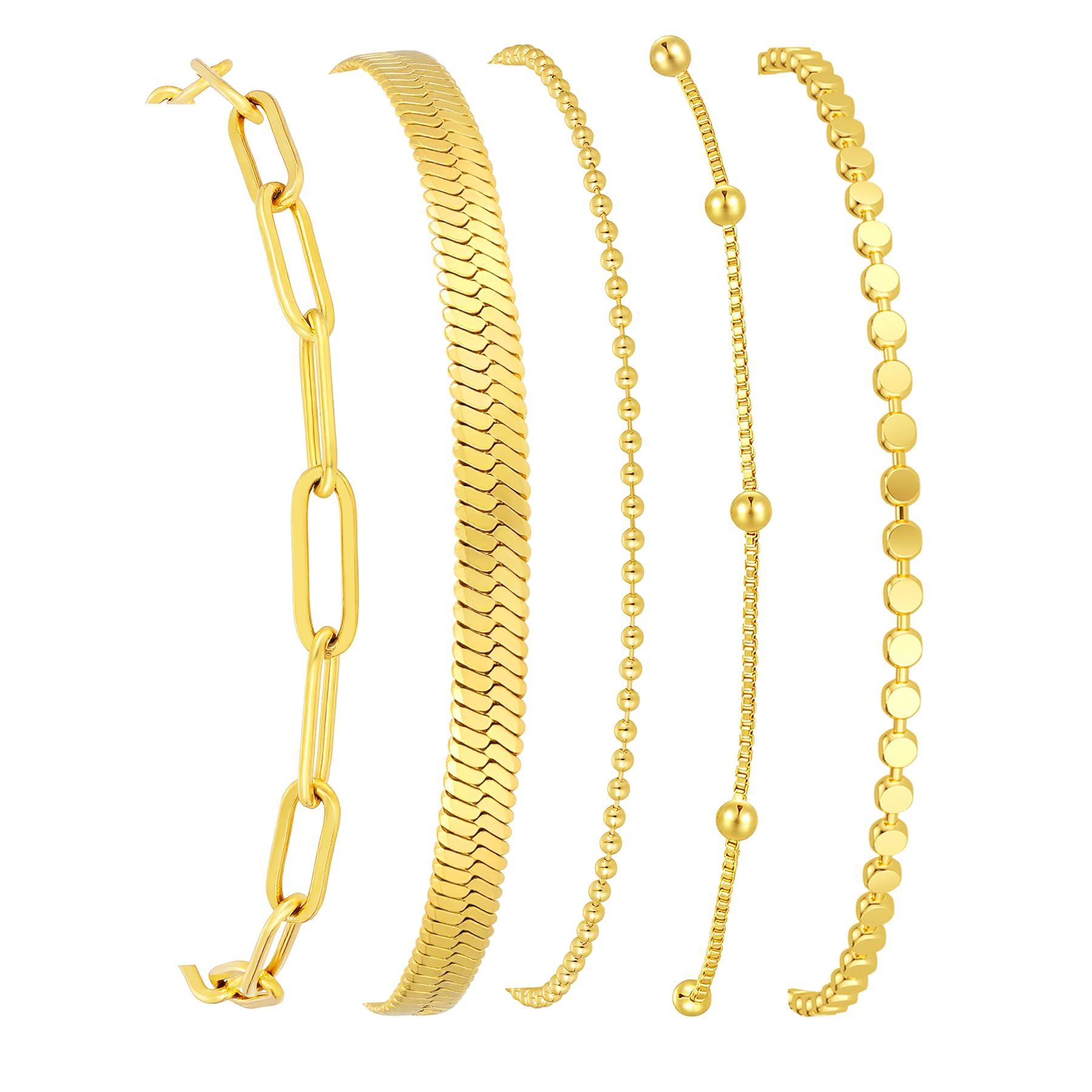 Gold Bracelets for Women, 14K Gold Plated Stackable Bracelet Stack Set Adjustable Charm Paperclip Chain Snake Link Layered Waterproof Jewelry Sets Gifts