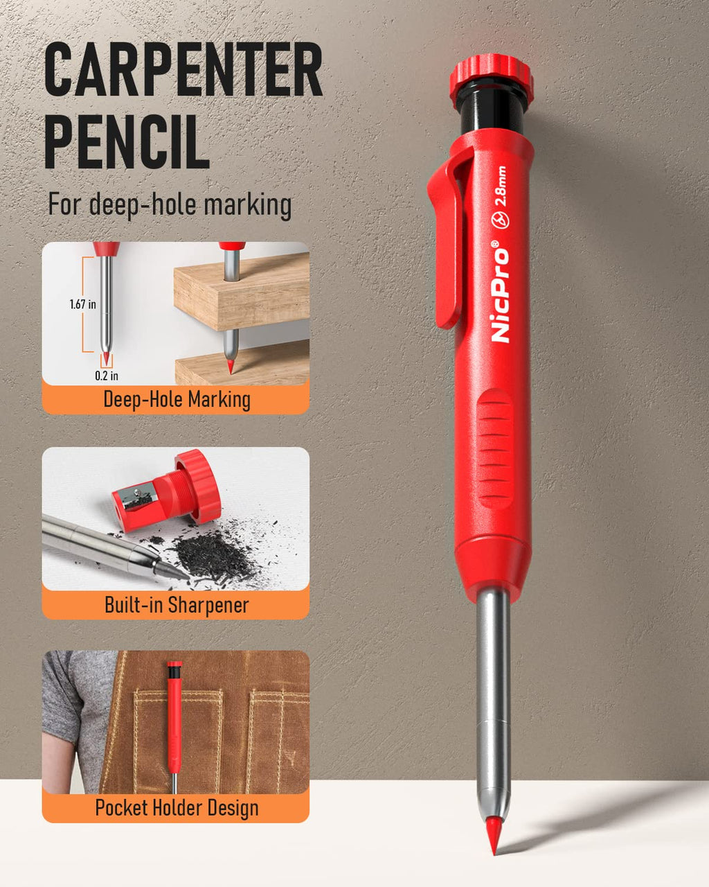 Nicpro Carpenter Pencils with Sharpener, Mechanical Pencil for Construction
