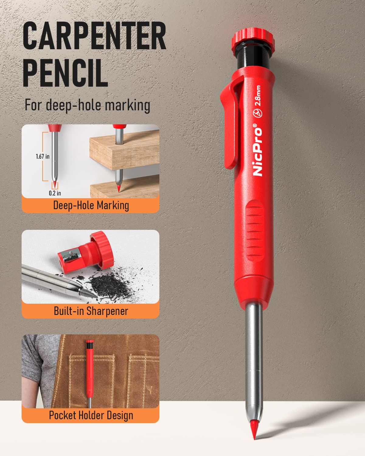 Nicpro Carpenter Pencils with Sharpener, Mechanical Pencil for Construction