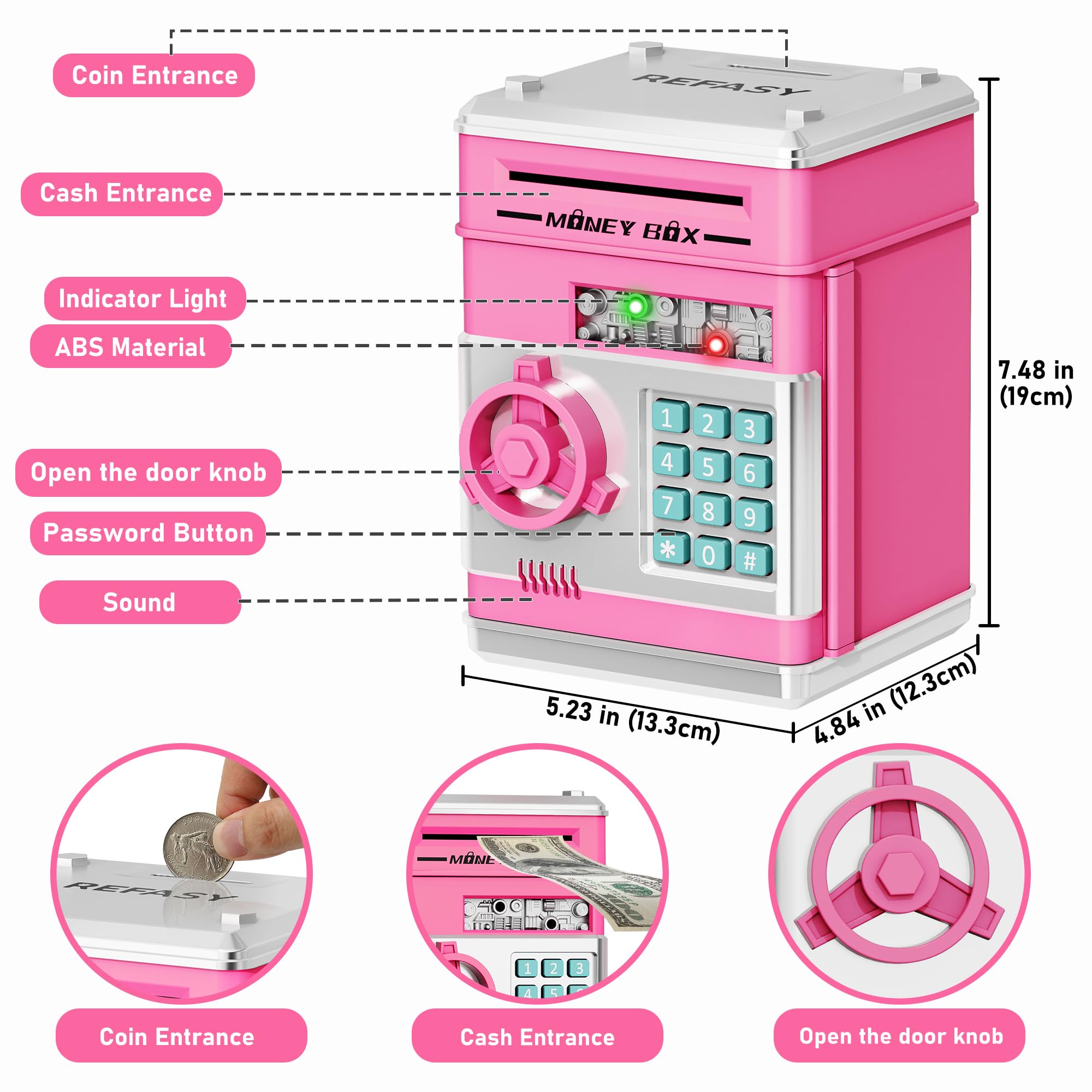 Refasy Piggy Bank Cash Coin Can ATM Bank Electronic Coin Money Bank for Kids Age 3-12, Money Savings Box Mini ATM Coin Bank Toys Gifts for 3 4 5 6 7 8 9 10 11 12 Year Old Boys Girls