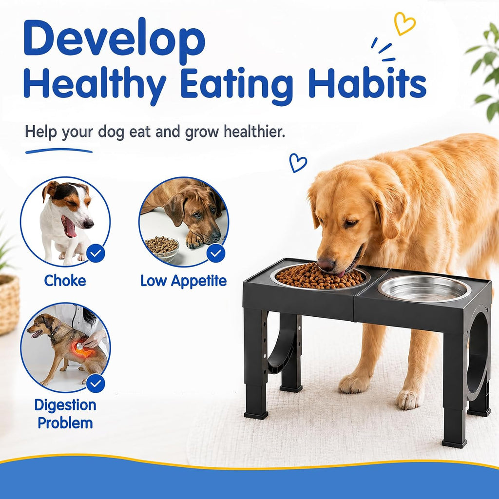 XIAZ Elevated Dog Bowls Large Breed Raised Dogs Bowl Stand Large/Medium Sized Dog Stainless Steel Food Water Bowl Stands 5 Heights Adjustable 9/11/12/14in Black Pet Feeder Dish Station