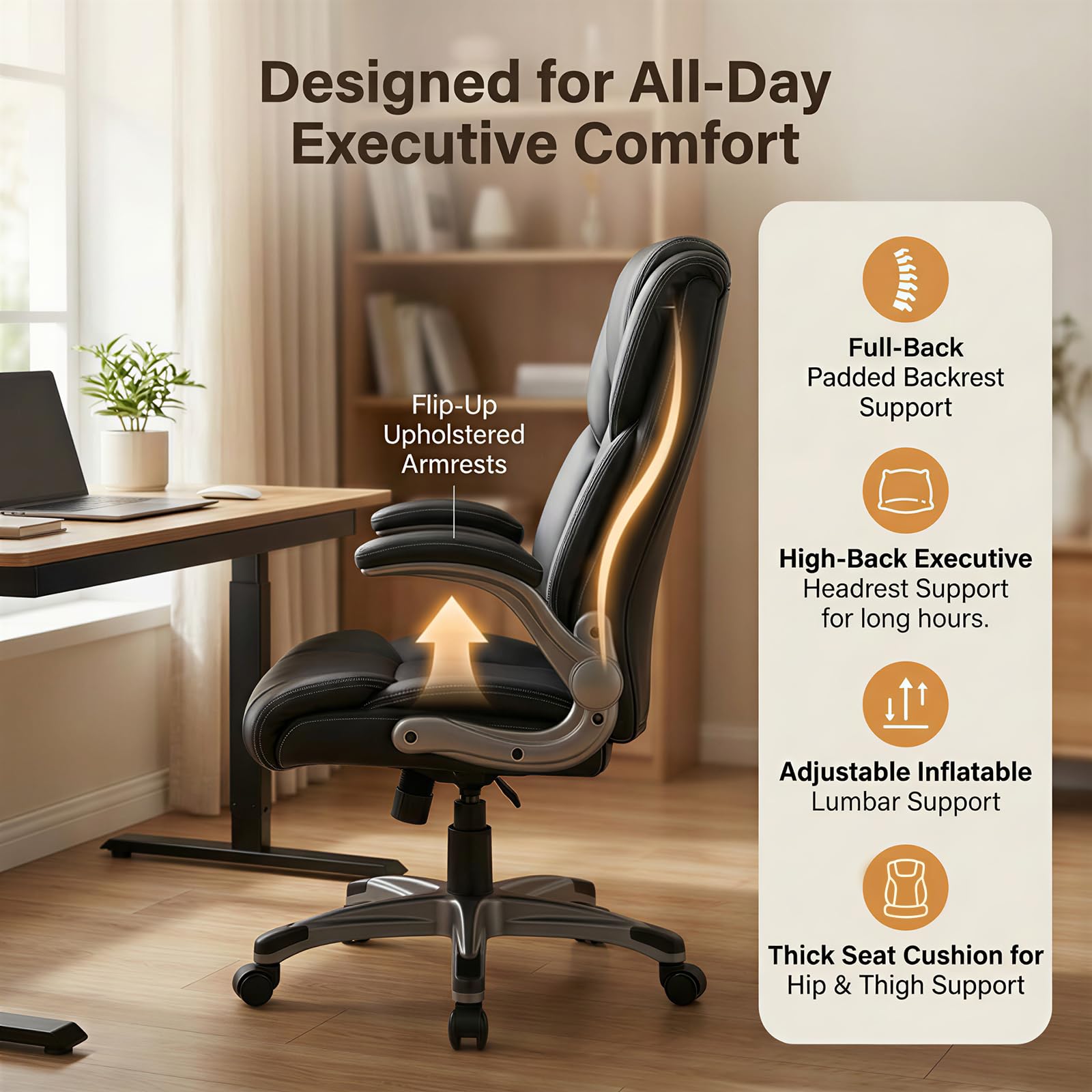 COLAMY High Back Executive Office Chair - Padded Leather Ergonomic Computer Desk Chair with Inflatable Lumbar Support & Flip-Up Arms, Adjustable Tilt Lock Swivel Task Chair for Home Office, Black