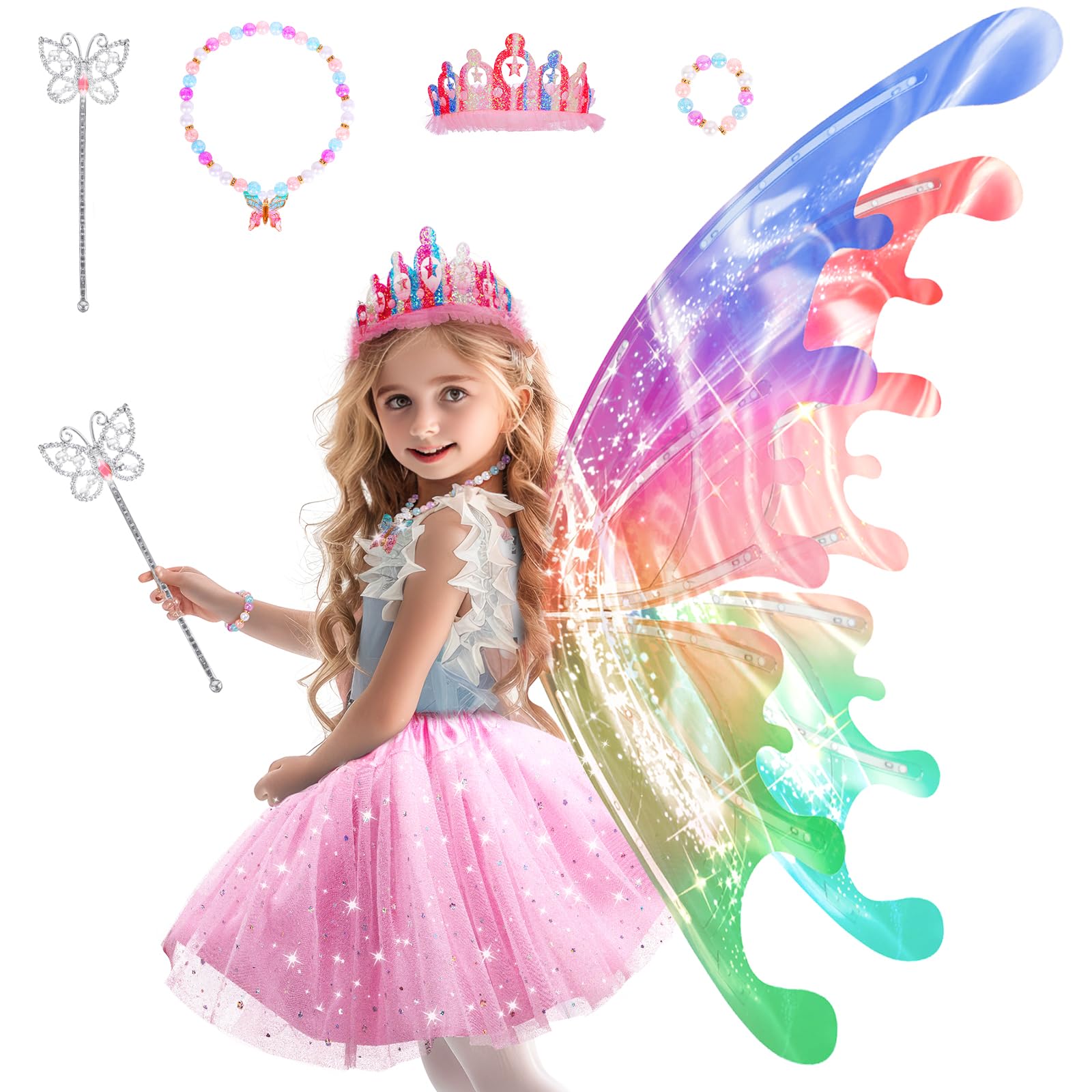 maysida Electric Fairy Wings for Girls, Light Up Moving Butterfly Wings with LED Lights and Music, Toy for Kids as Halloween Valentine Birthday Christmas Party Costume Princess Cosplay Dress Up Gift