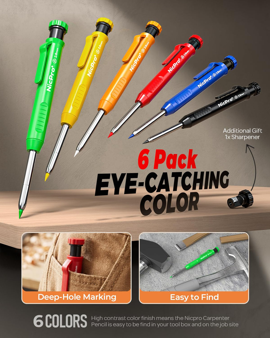 Nicpro Carpenter Pencils with Sharpener, Mechanical Pencil for Construction