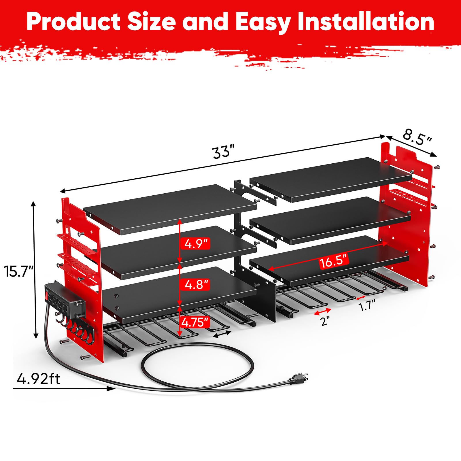 POKIPO Large Power Tool Organizer Wall Mount with Charging Station,4 Layer Heavy Duty Metal Tool Storage Rack Loads 600lbs with 8 Cordless Drill Holder,Battery Utility Rack Loads with 4 Power Strip