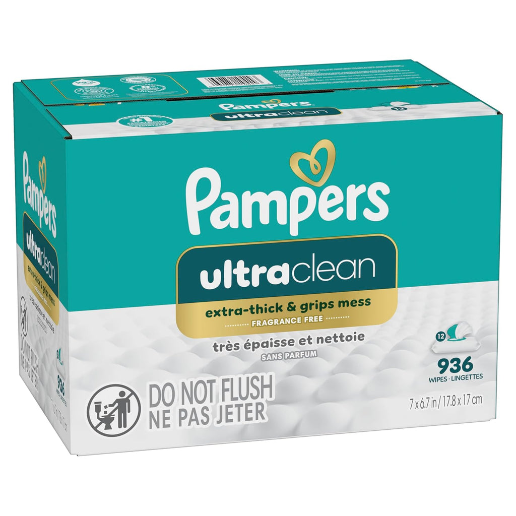 Pampers Ultraclean Baby Wipes (Previously 'Free & Gentle'), 99% Water, Hypoallergenic, Unscented, 100% Plant Based, Plastic-Free, 936 Wipes Total (12X Flip-Top Packs)
