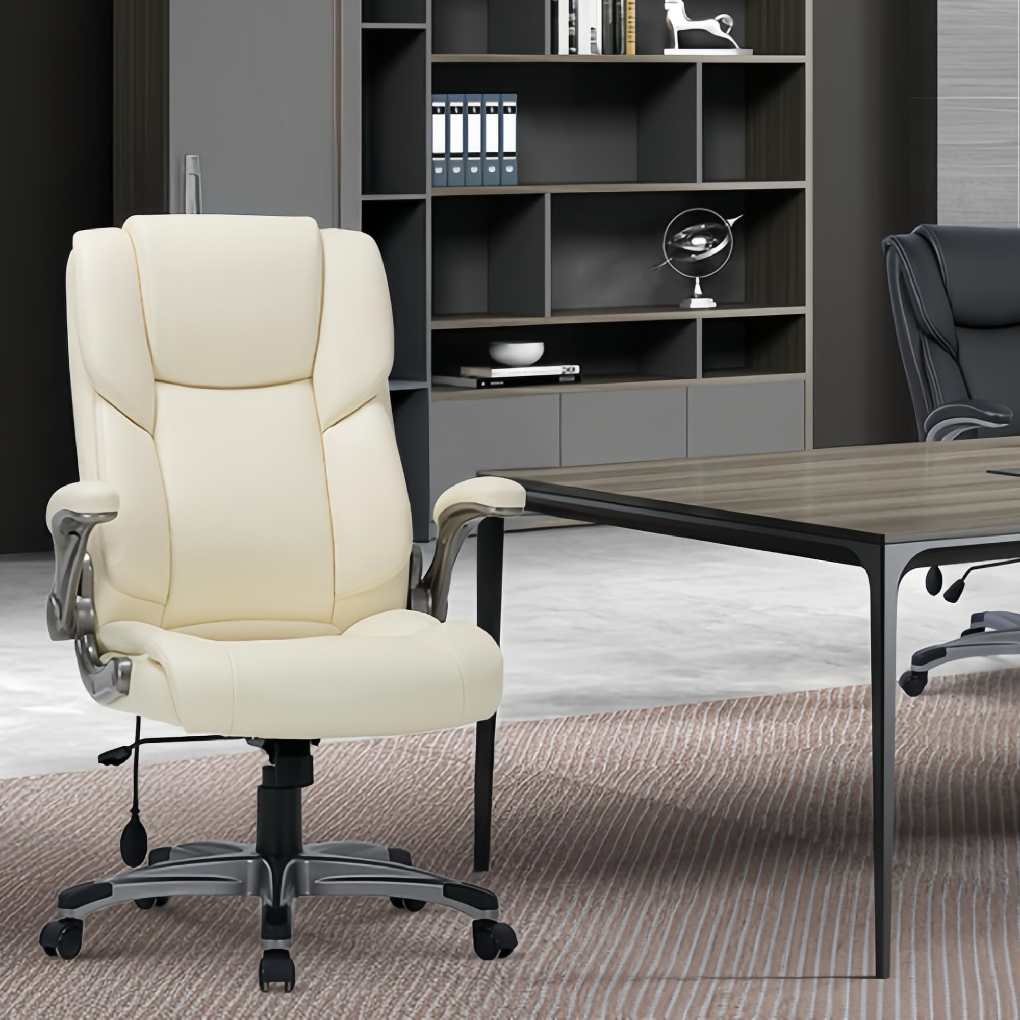 COLAMY High Back Executive Office Chair - Padded Leather Ergonomic Computer Desk Chair with Inflatable Lumbar Support & Flip-Up Arms, Adjustable Tilt Lock Swivel Task Chair for Home Office, Black