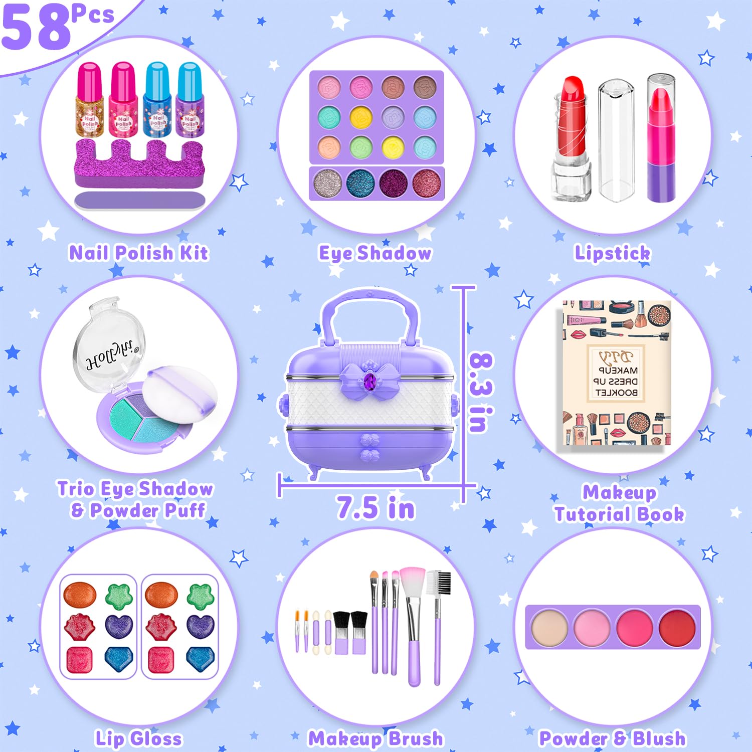 Hollyhi 58 Pcs Kids Makeup Toys Kit for Girls, Real Washable Make Up Set