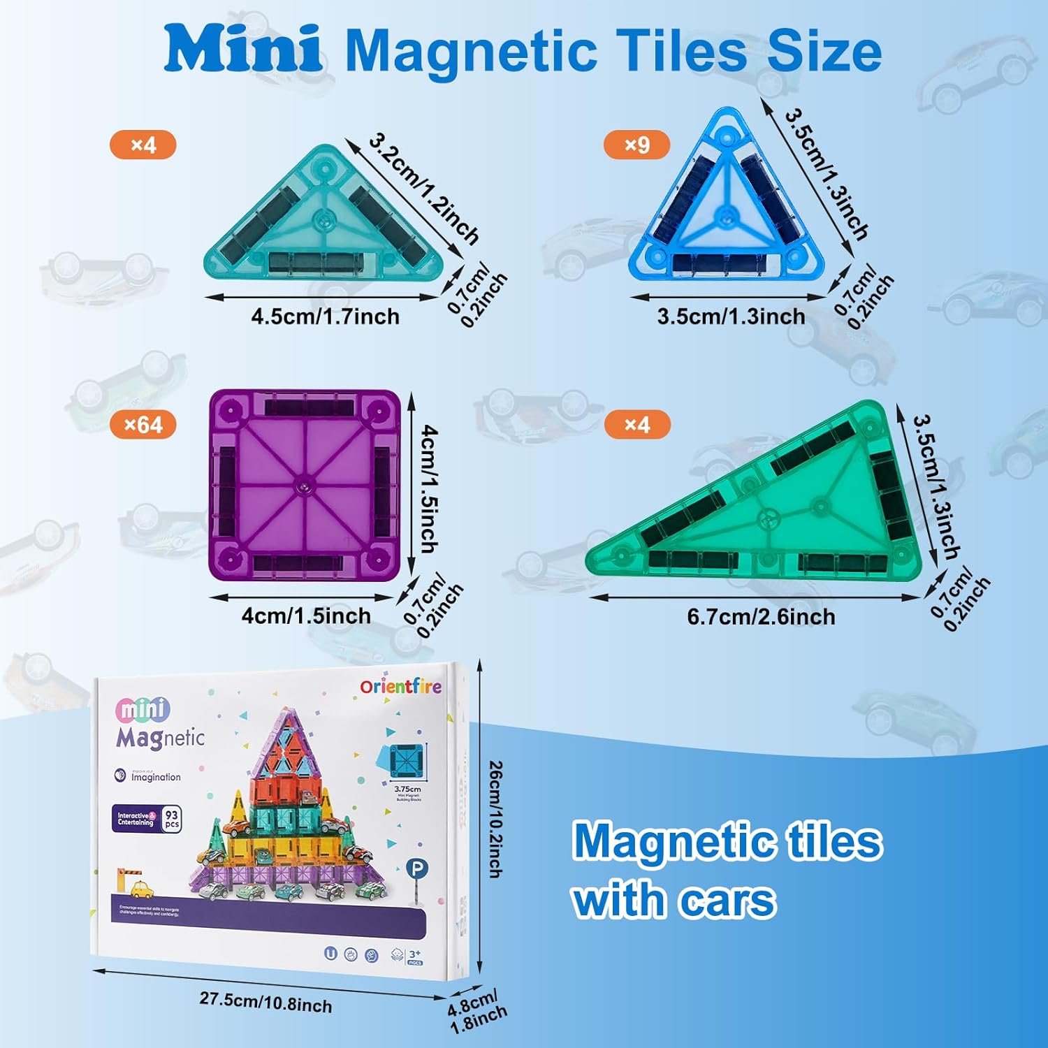 Mini Magnetic Tiles 93PCS Set with 12 Cars and Storage Bag for Kids 3-6