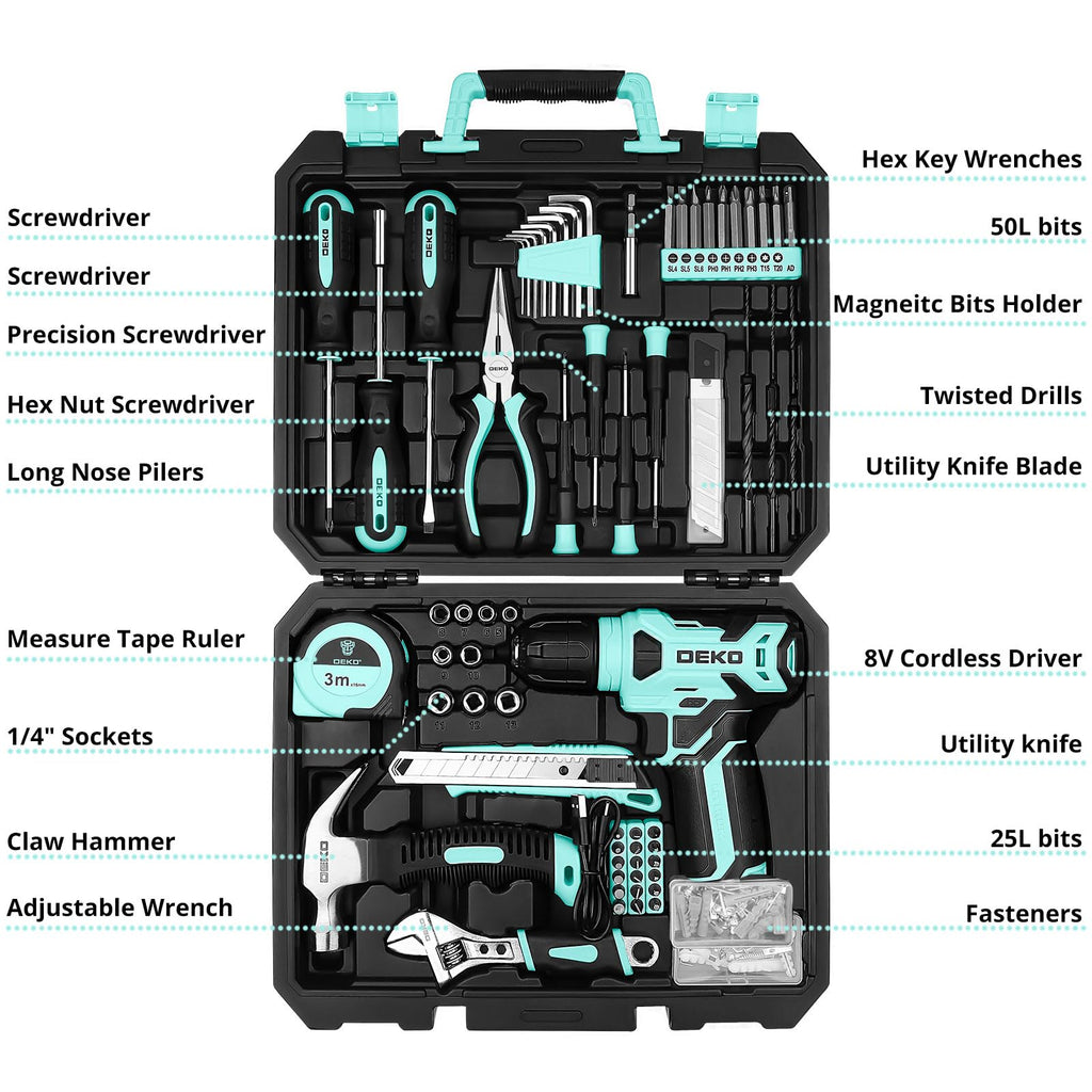 DEKOPRO Drill Set, Home Tool Set with 8V Pink Cordless Drill, Hand Tool Kit for Women, 126 pcs