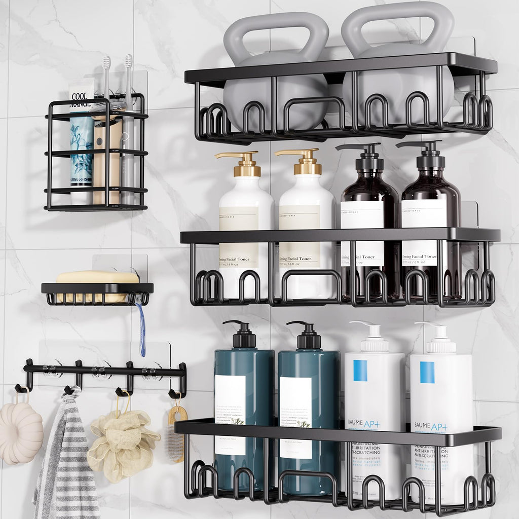 Veken Shower Caddy 6-Pack, Bathroom Organizers and Storage Shelves, Black