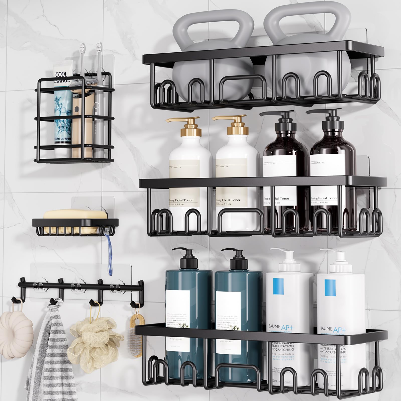 Veken Shower Caddy 6-Pack, Bathroom Organizers and Storage Shelves, Black