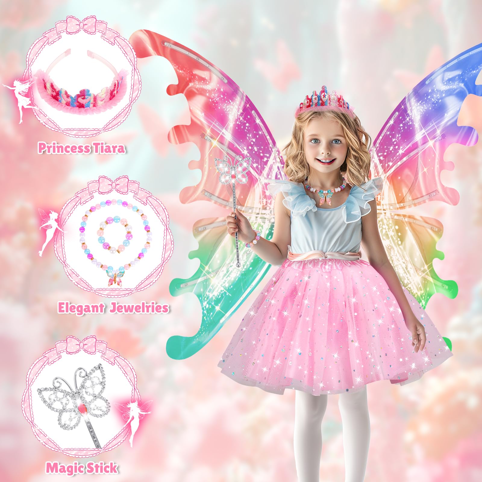 maysida Electric Fairy Wings for Girls, Light Up Moving Butterfly Wings with LED Lights and Music, Toy for Kids as Halloween Valentine Birthday Christmas Party Costume Princess Cosplay Dress Up Gift