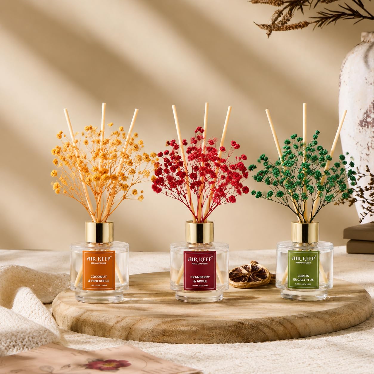 Airkeep Reed Diffuser Set of 3,Clean Linen Ocean Mist&Sea Salt Lavender Eucalyptus Oil Reed Diffusers for Bedroom Living Room Office Aromatherapy Oil Reed Diffuser for Gift 50ml x 3