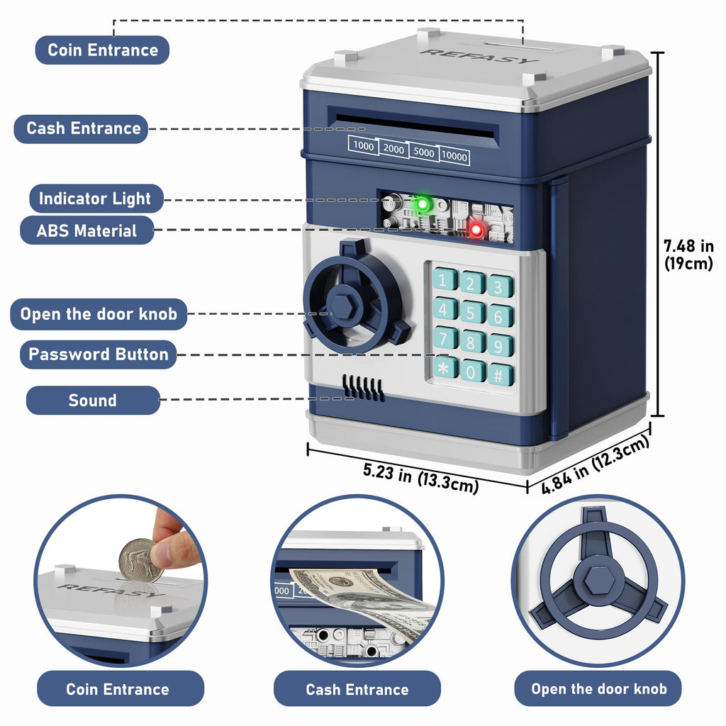 Refasy Piggy Bank Cash Coin Can ATM Bank Electronic Coin Money Bank for Kids Age 3-12, Money Savings Box Mini ATM Coin Bank Toys Gifts for 3 4 5 6 7 8 9 10 11 12 Year Old Boys Girls