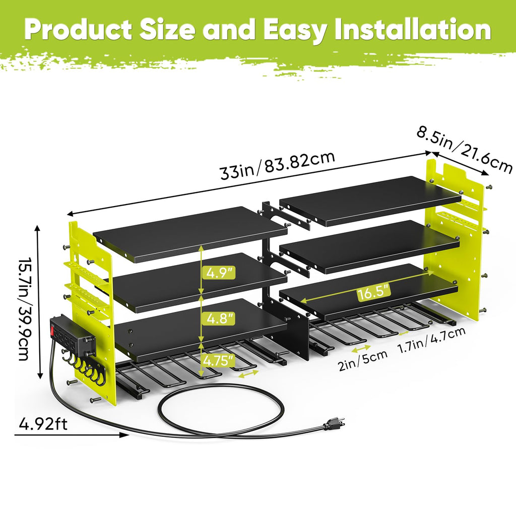 POKIPO Large Power Tool Organizer Wall Mount with Charging Station,4 Layer Heavy Duty Metal Tool Storage Rack Loads 600lbs with 8 Cordless Drill Holder,Battery Utility Rack Loads with 4 Power Strip