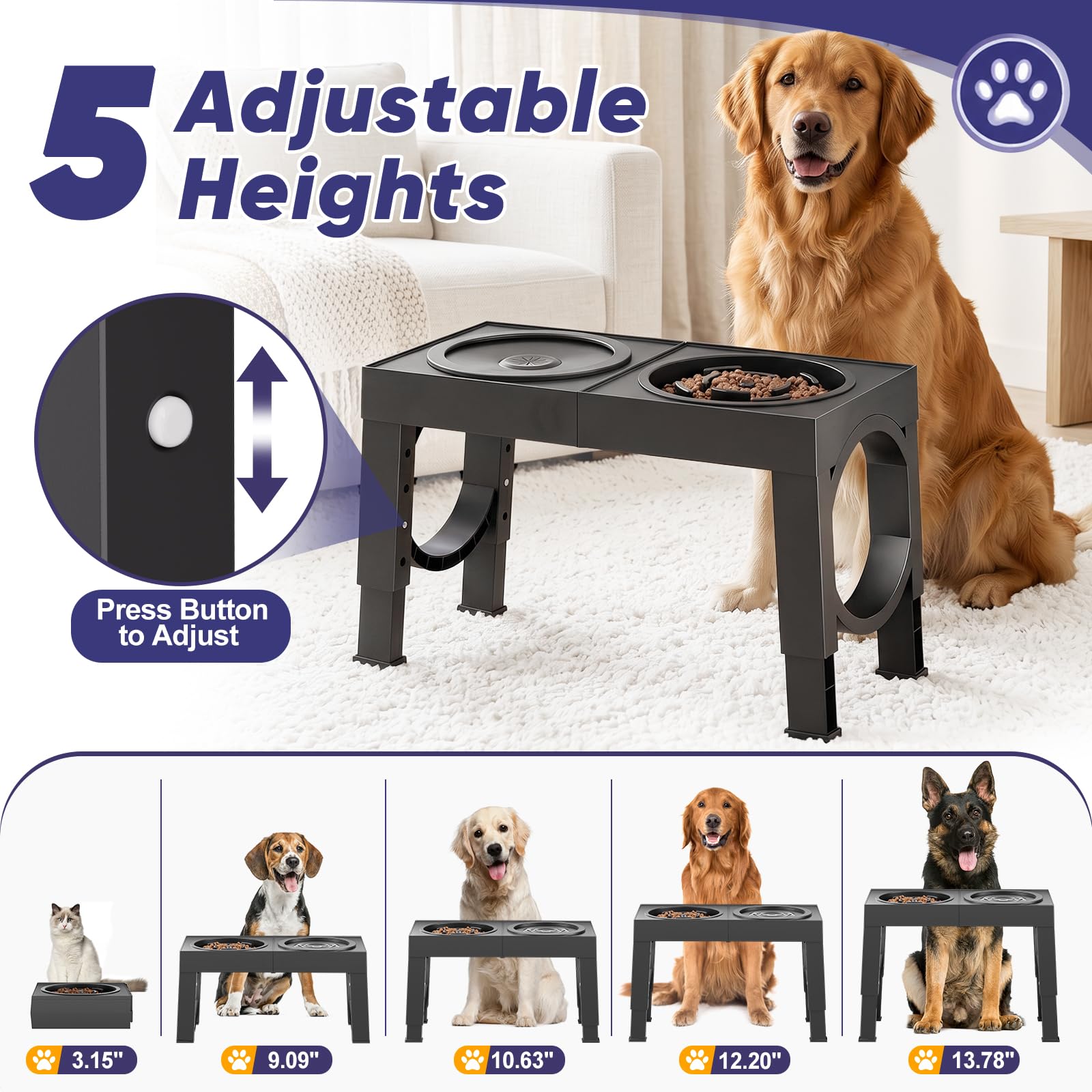 XIAZ Elevated Dog Bowls Large Breed Raised Dogs Bowl Stand Large/Medium Sized Dog Stainless Steel Food Water Bowl Stands 5 Heights Adjustable 9/11/12/14in Black Pet Feeder Dish Station