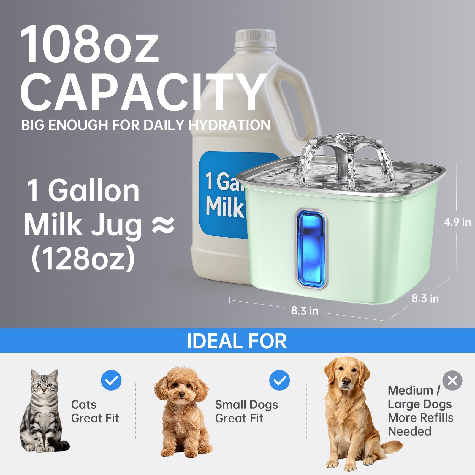 Veken Innovation Award Winner Stainless Steel Cat Water Fountain, 108oz