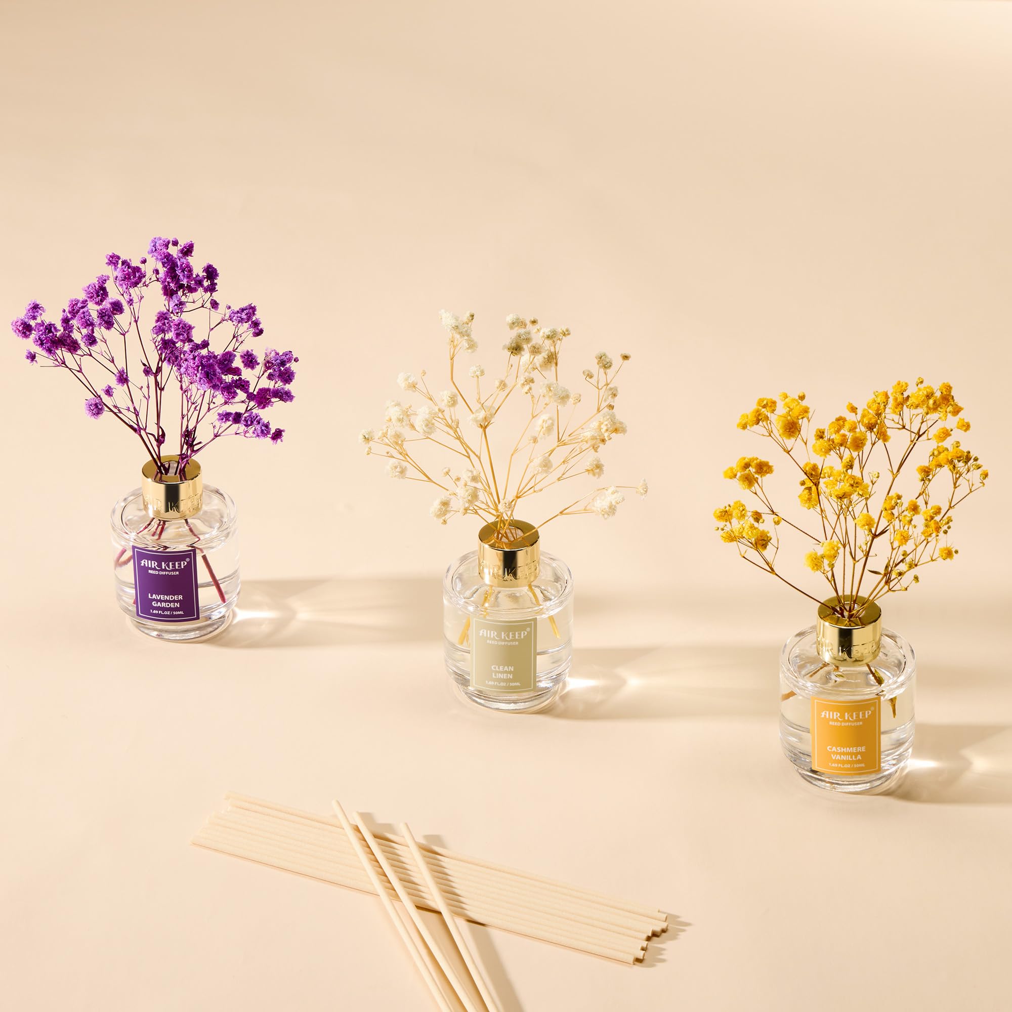 Airkeep Reed Diffuser Set of 3,Clean Linen Ocean Mist&Sea Salt Lavender Eucalyptus Oil Reed Diffusers for Bedroom Living Room Office Aromatherapy Oil Reed Diffuser for Gift 50ml x 3