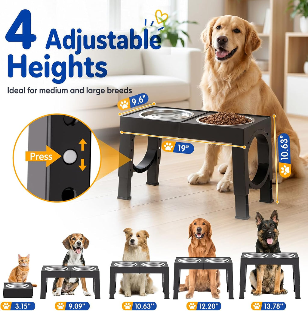 XIAZ Elevated Dog Bowls Large Breed Raised Dogs Bowl Stand Large/Medium Sized Dog Stainless Steel Food Water Bowl Stands 5 Heights Adjustable 9/11/12/14in Black Pet Feeder Dish Station