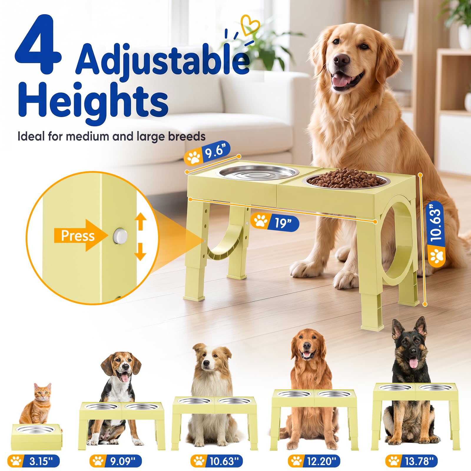 XIAZ Elevated Dog Bowls Large Breed Raised Dogs Bowl Stand Large/Medium Sized Dog Stainless Steel Food Water Bowl Stands 5 Heights Adjustable 9/11/12/14in Black Pet Feeder Dish Station
