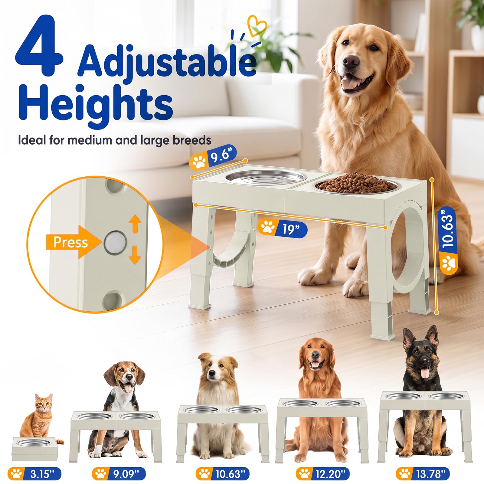 XIAZ Elevated Dog Bowls Large Breed Raised Dogs Bowl Stand Large/Medium Sized Dog Stainless Steel Food Water Bowl Stands 5 Heights Adjustable 9/11/12/14in Black Pet Feeder Dish Station