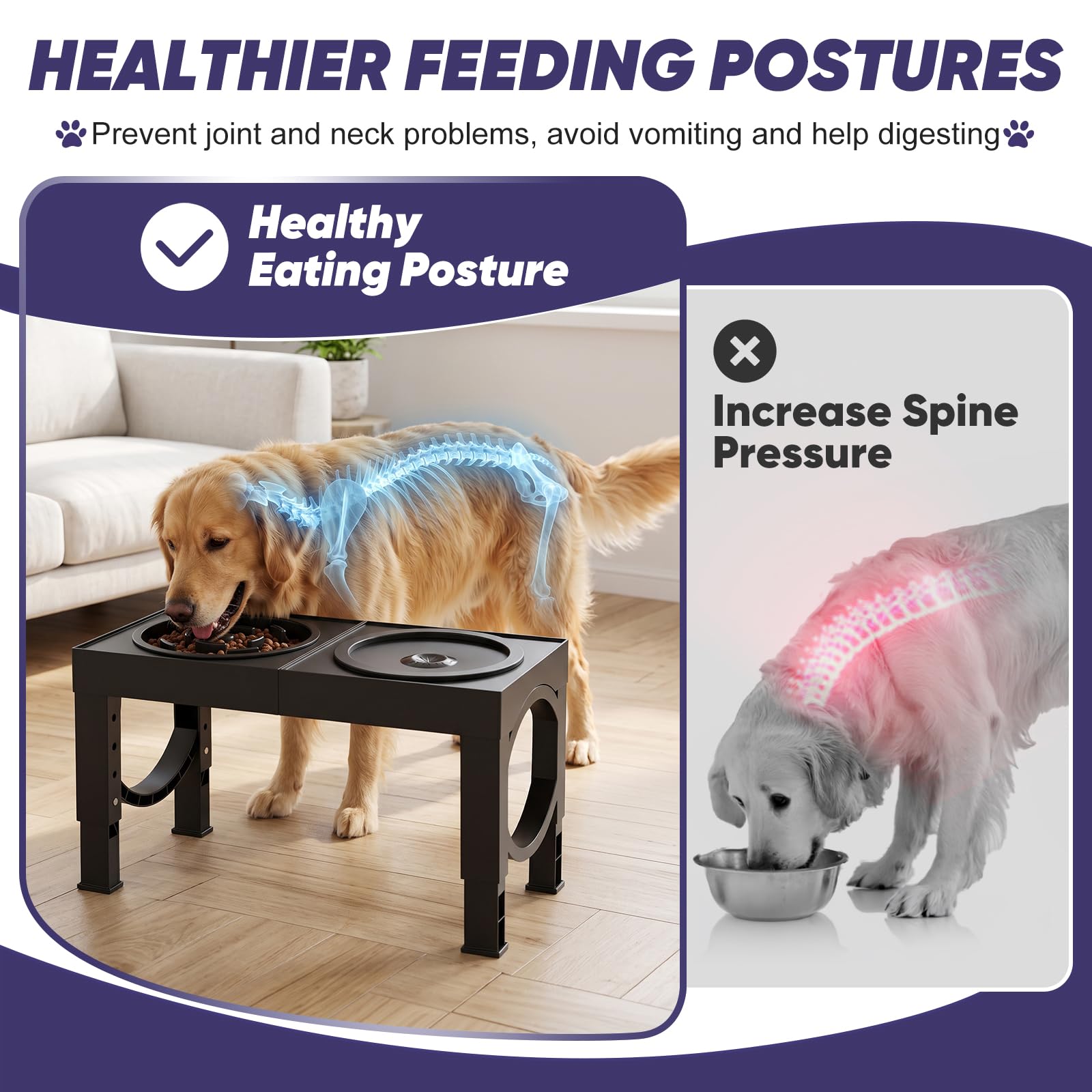 XIAZ Elevated Dog Bowls Large Breed Raised Dogs Bowl Stand Large/Medium Sized Dog Stainless Steel Food Water Bowl Stands 5 Heights Adjustable 9/11/12/14in Black Pet Feeder Dish Station