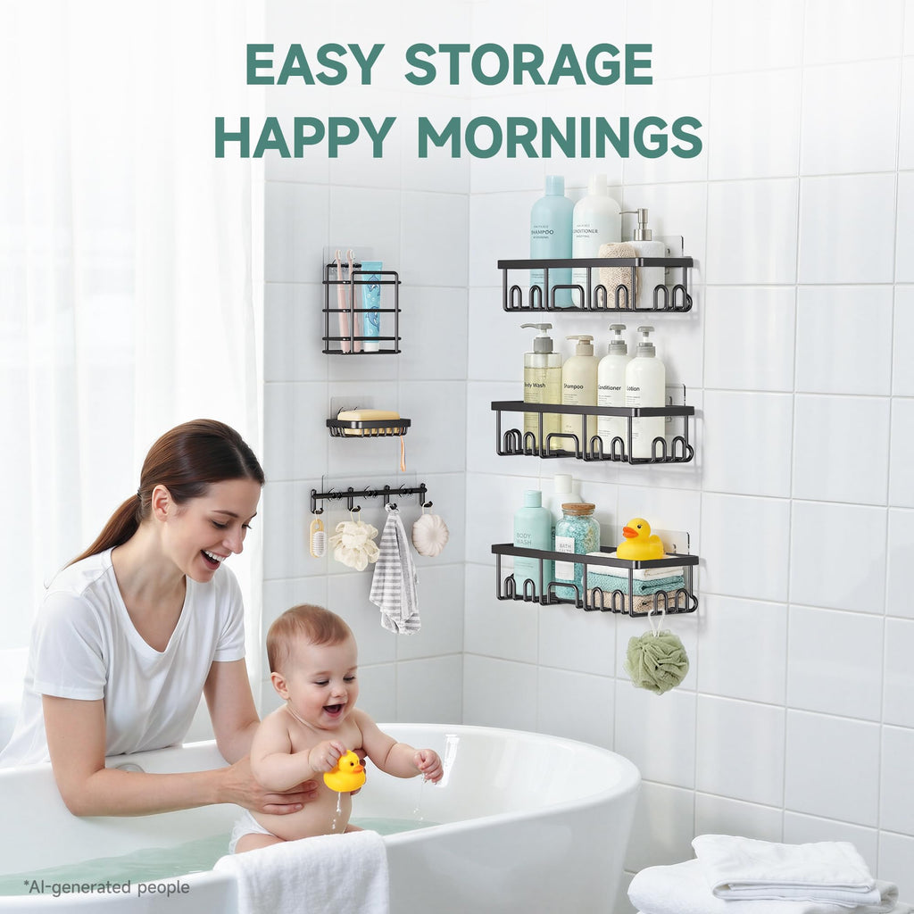 Veken Shower Caddy 6-Pack, Bathroom Organizers and Storage Shelves, Black