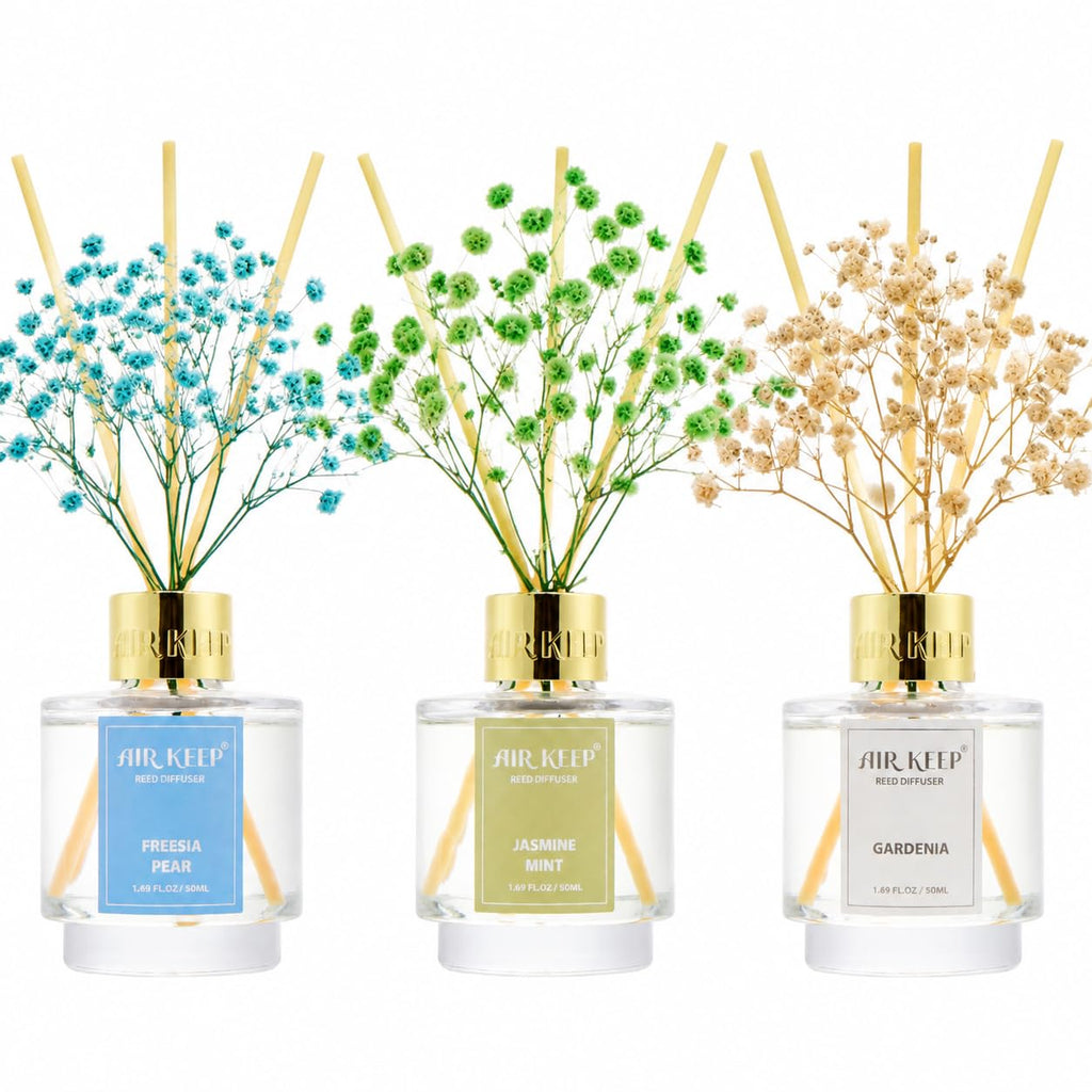 Airkeep Reed Diffuser Set of 3,Clean Linen Ocean Mist&Sea Salt Lavender Eucalyptus Oil Reed Diffusers for Bedroom Living Room Office Aromatherapy Oil Reed Diffuser for Gift 50ml x 3