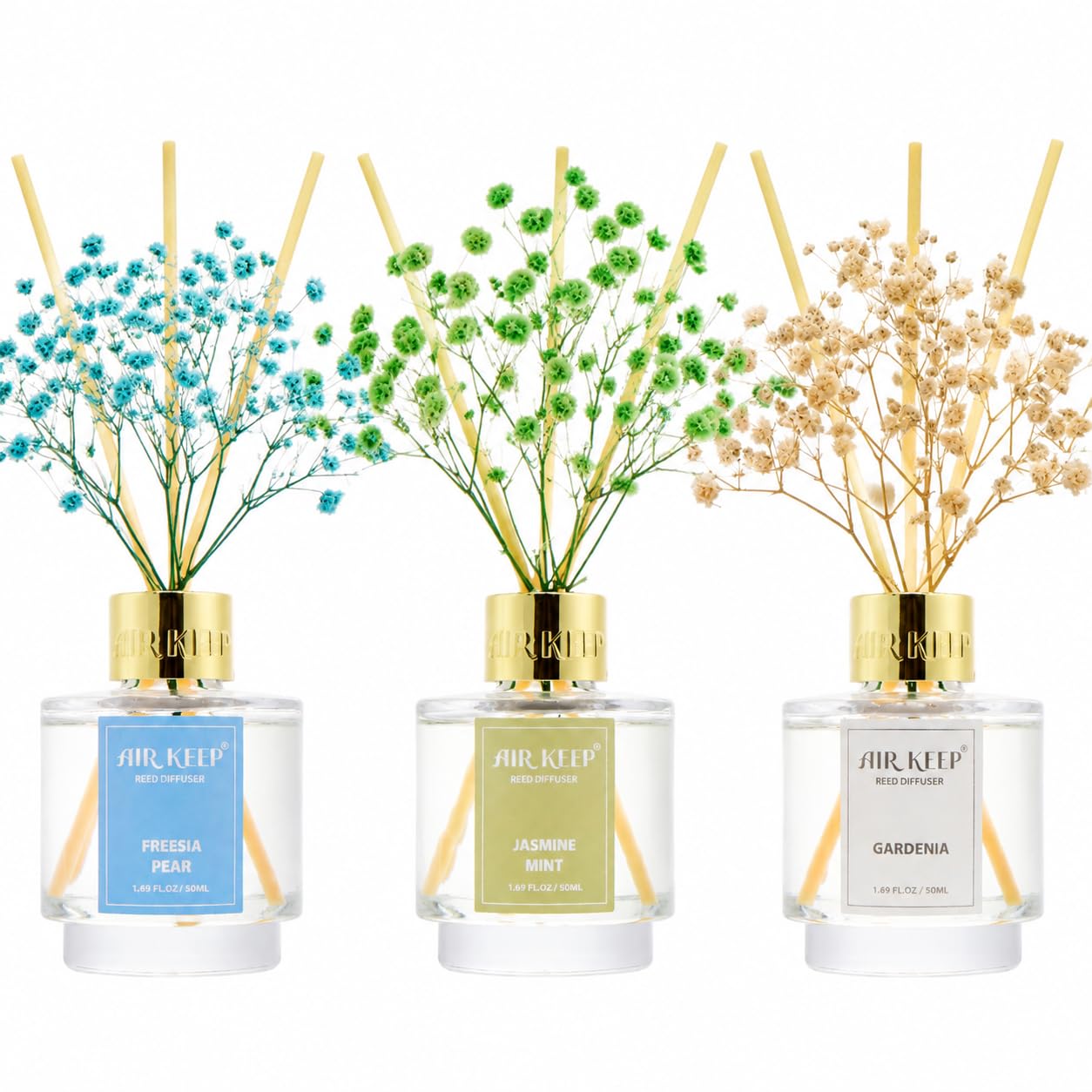 Airkeep Reed Diffuser Set of 3,Clean Linen Ocean Mist&Sea Salt Lavender Eucalyptus Oil Reed Diffusers for Bedroom Living Room Office Aromatherapy Oil Reed Diffuser for Gift 50ml x 3