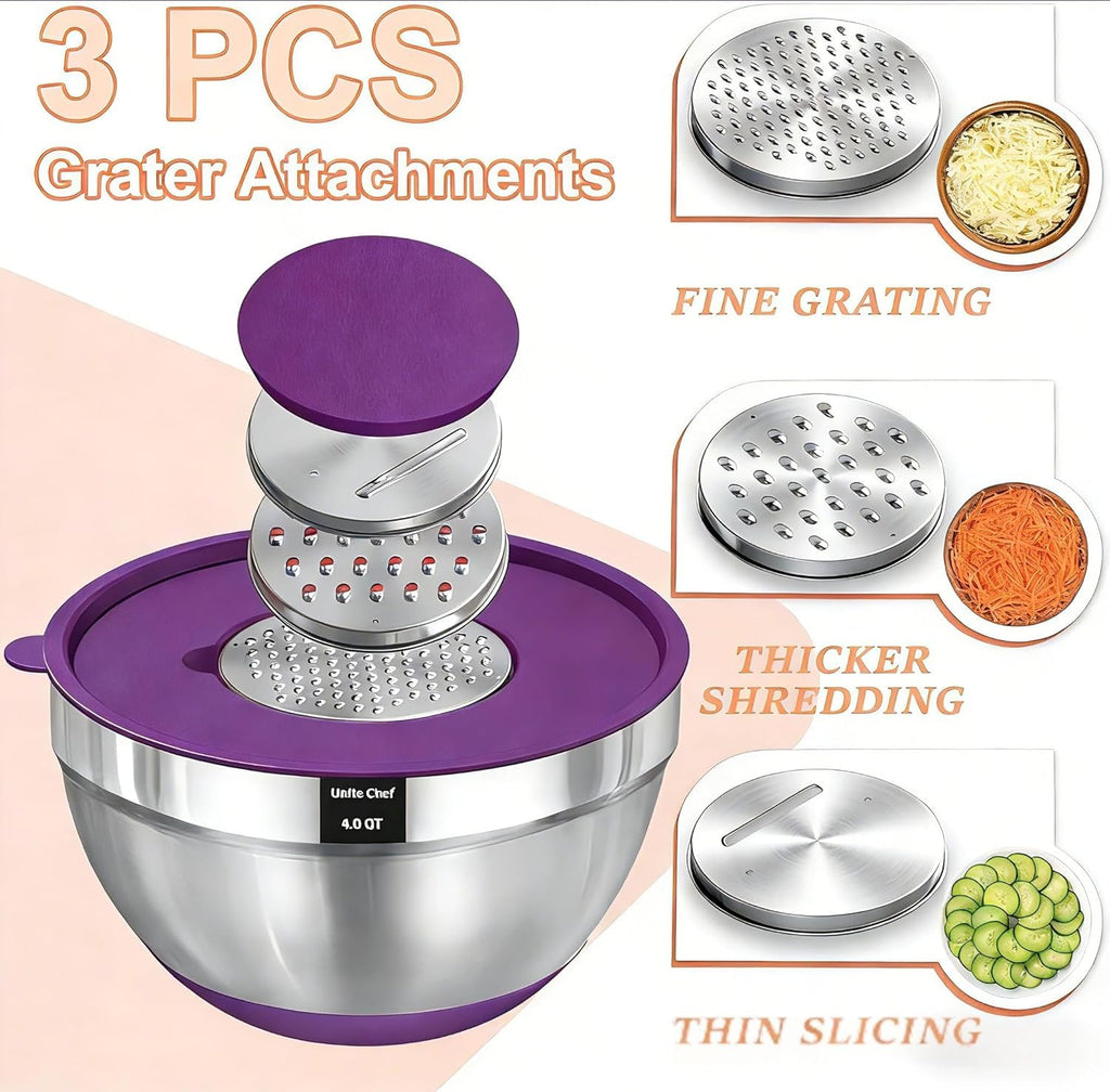 Mixing Bowls with Airtight Lids Set, 26PCS Stainless Steel Khaki Bowls with Grater Attachments, Non-Slip Bottoms & Kitchen Gadgets Set, Size 7, 4, 2.5, 2.0,1.5, 1QT, Great for Mixing & Serving