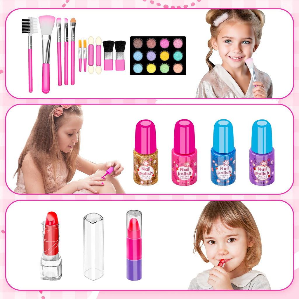 Hollyhi 58 Pcs Kids Makeup Toys Kit for Girls, Real Washable Make Up Set