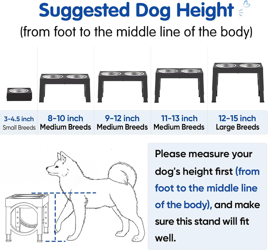 XIAZ Elevated Dog Bowls Large Breed Raised Dogs Bowl Stand Large/Medium Sized Dog Stainless Steel Food Water Bowl Stands 5 Heights Adjustable 9/11/12/14in Black Pet Feeder Dish Station