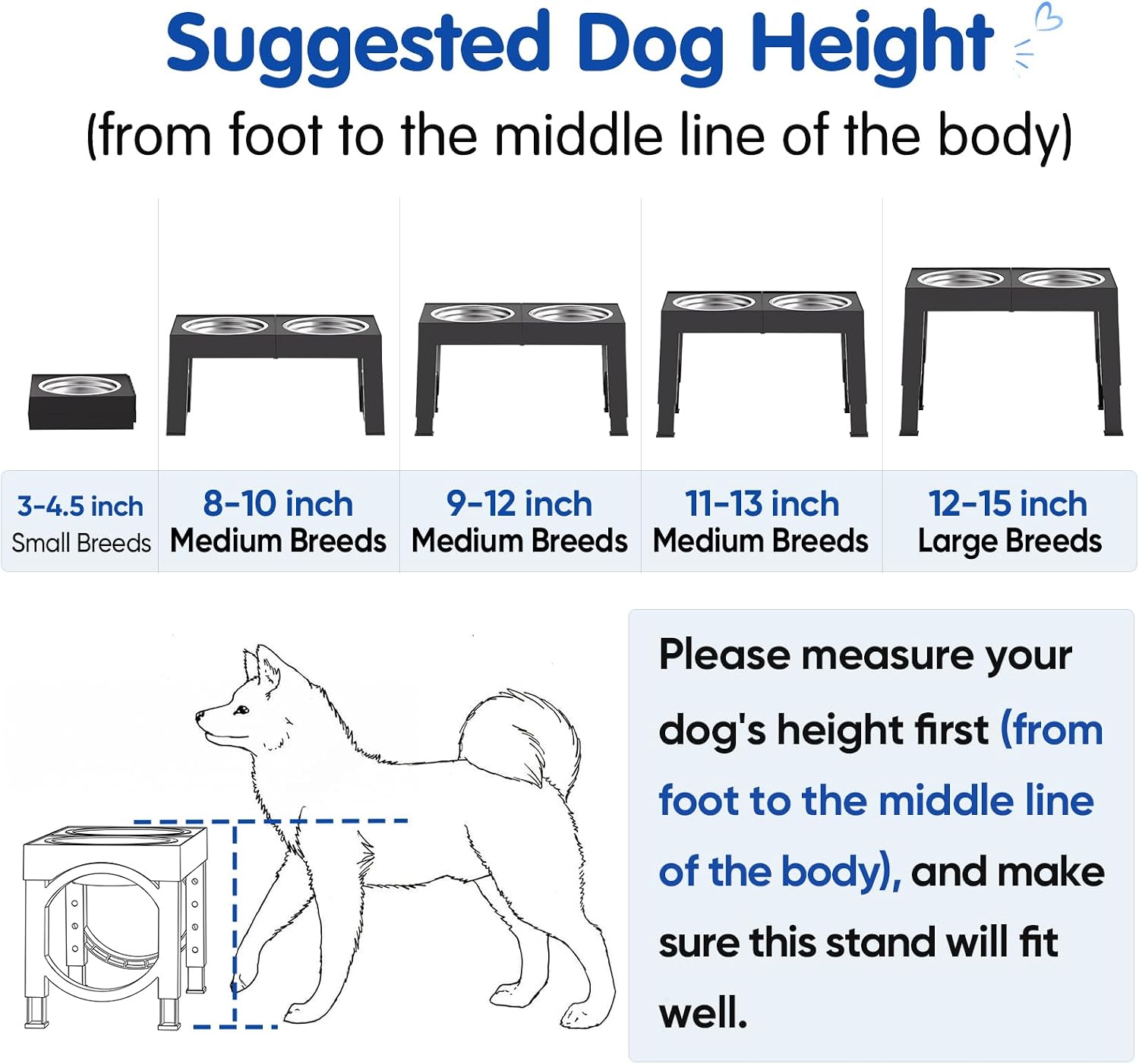 XIAZ Elevated Dog Bowls Large Breed Raised Dogs Bowl Stand Large/Medium Sized Dog Stainless Steel Food Water Bowl Stands 5 Heights Adjustable 9/11/12/14in Black Pet Feeder Dish Station