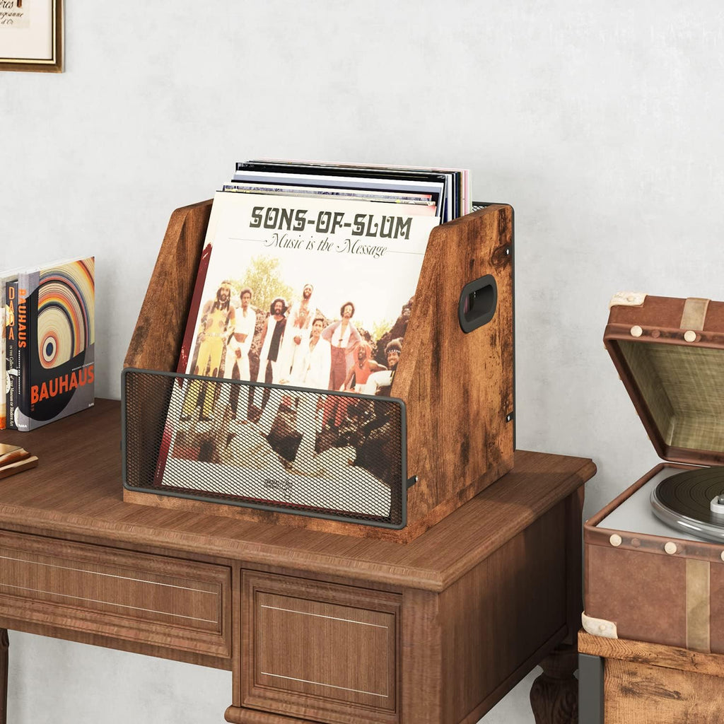 Homeiju Vinyl Record Storage, Record Box Case Crate, Vinyl Record Album Holder, Metal & Wooden LP Record Crate, Holds up to 60 Records