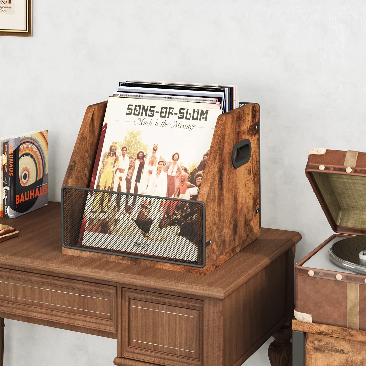 Homeiju Vinyl Record Storage, Record Box Case Crate, Vinyl Record Album Holder, Metal & Wooden LP Record Crate, Holds up to 60 Records