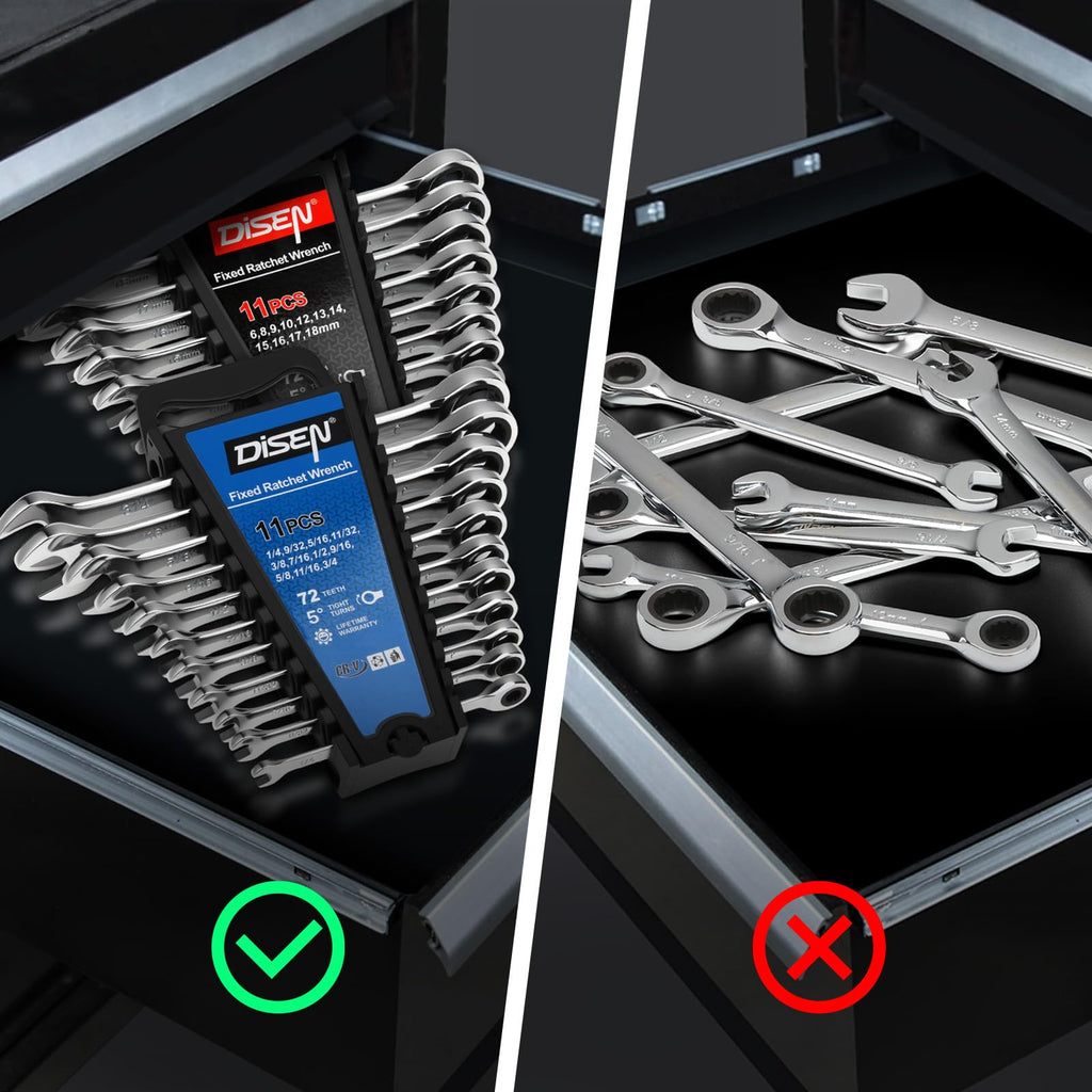 DISEN 10Pcs Ratcheting Wrench Set SAE & Metric Ratchet Wrench Set with Rack Organizer, Premium CR-v Steel, 12 Point, 72 Teeth,Box End and Open End Ratcheting Wrench Set,Metric 10-15mm&SAE 3/8''-5/8''