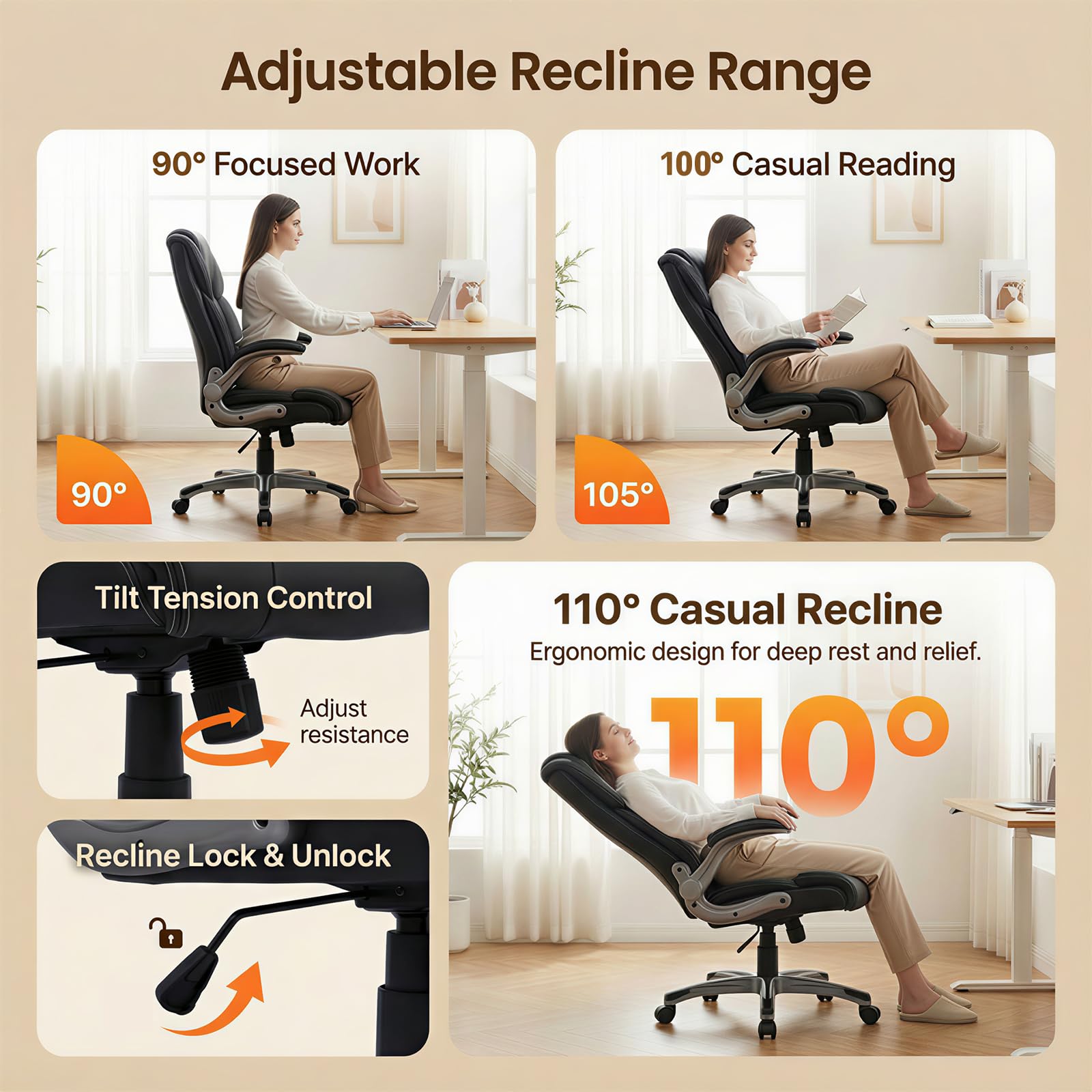 COLAMY High Back Executive Office Chair - Padded Leather Ergonomic Computer Desk Chair with Inflatable Lumbar Support & Flip-Up Arms, Adjustable Tilt Lock Swivel Task Chair for Home Office, Black